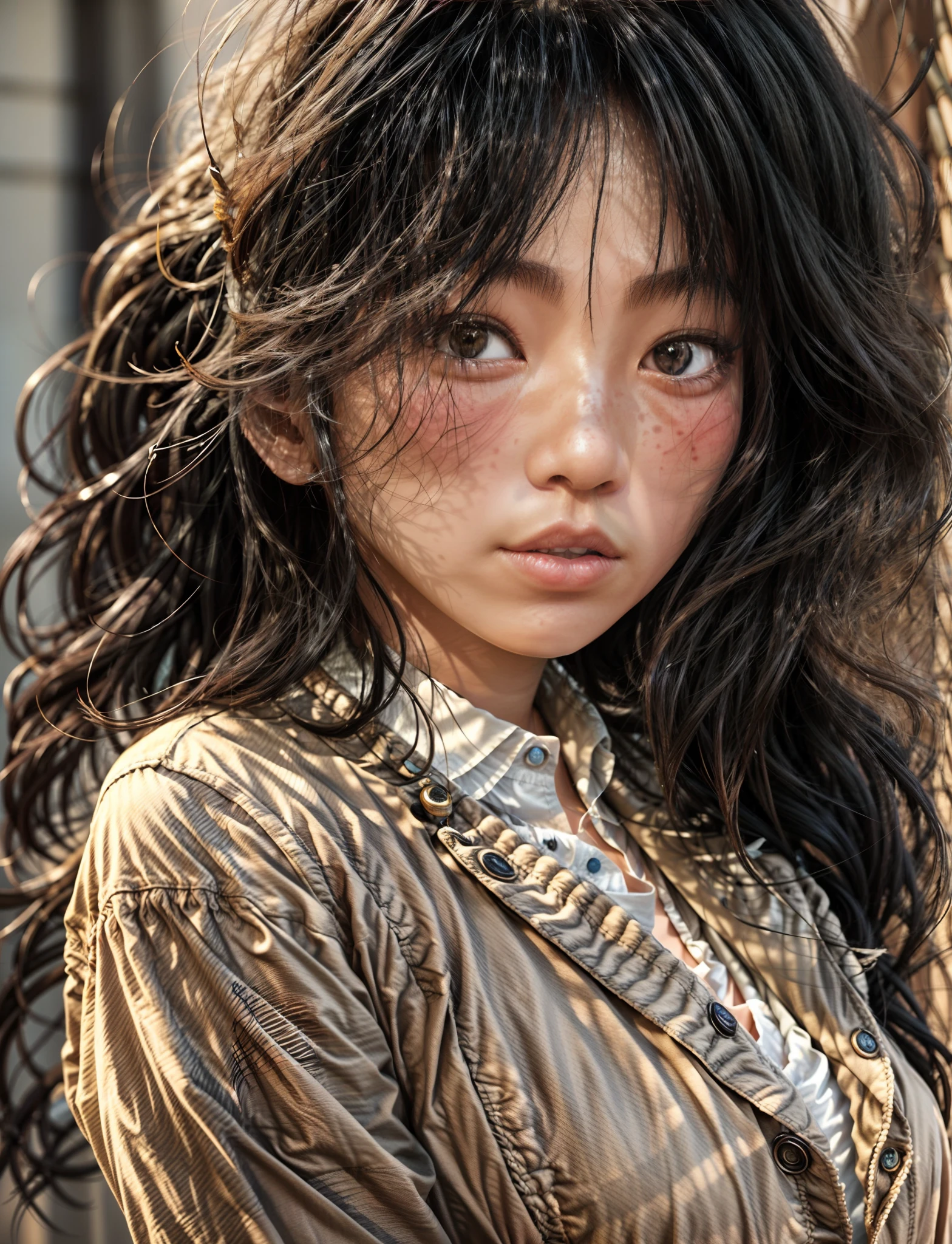 Beautiful asian girl bust closeup,Close-up,Long black hair,slightly curly hairstyle,Rich skin,Capillaries are faintly visible,There are mild allergic reactions,The skin is rough and reddish,freckles on his cheeks,A few moles,A touch of sadness,The eyes are not big,Perfect hands,Wearing beige cotton and linen shimmers,detail-rich,Movie lighting,contrast of light and shadow,rendering by octane,