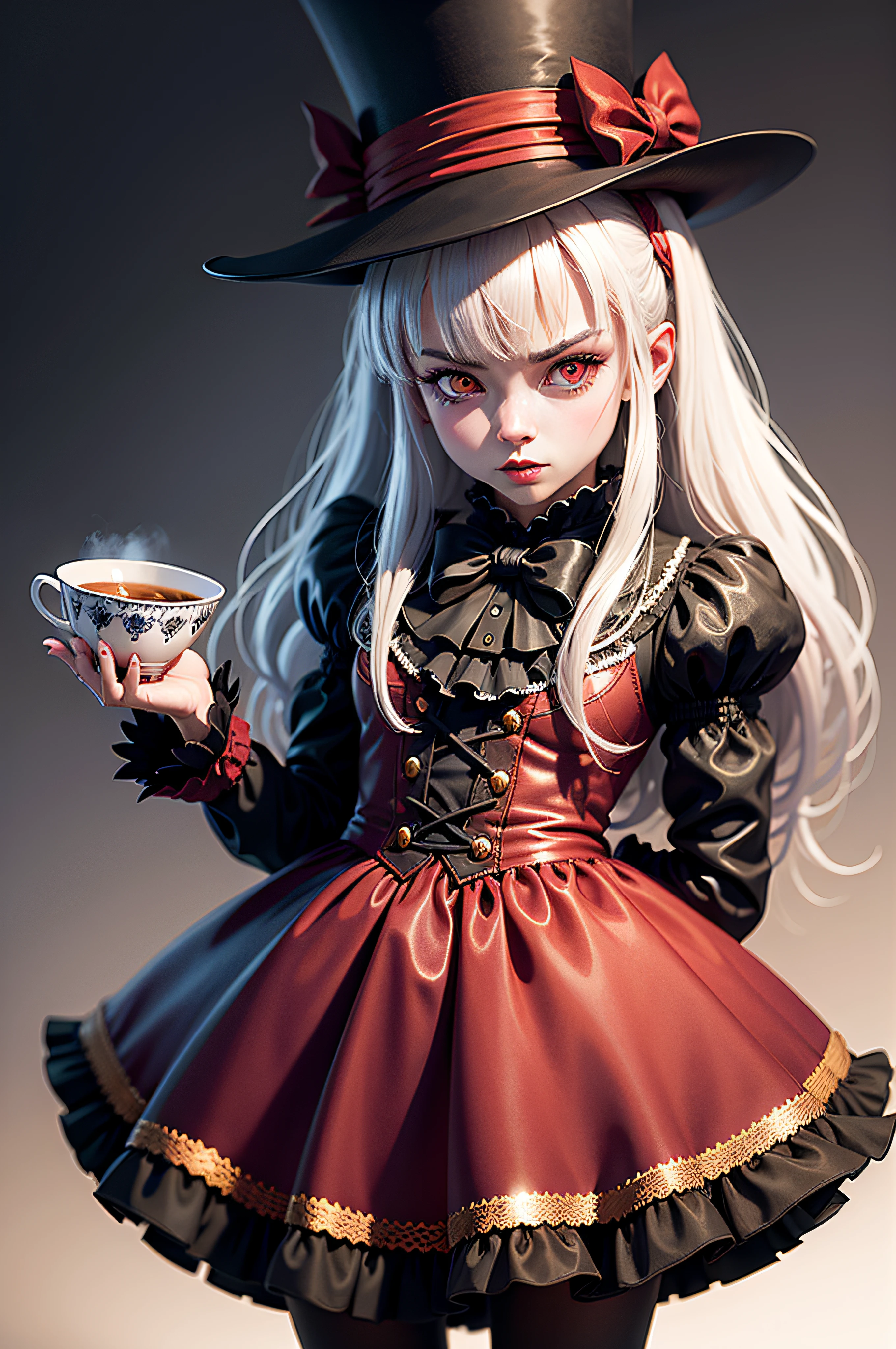 ((best quality)), ((masterpiece)), (detailed), (detailed CG unity 8k wallpaper), (realistic), Mad Hatter, evil red eyes, skinny hands, top hat, tattered clothes, emanating a sinister malevolence and intimidating aura, inspiring terror in those who encounter its fearsome form, drinking tea, Alice in Wonderland Theme, male, demented, gothic, evil white rabbit, sexy