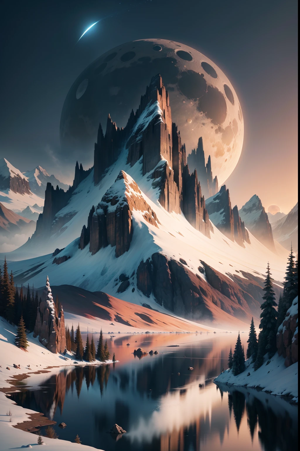 Mountain and lake,There is a moon in the sky, 4k highly detailed digital art, 4K HD wallpapers very detailed, Sci-fi fantasy desktop wallpaper, impressive fantasy landscape, Unreal Engine 4K wallpapers, 4K detailed digital art, Sci-fi fantasy wallpaper, epic dreamlike fantasy landscape, 4k hd matte digital painting, 8K HD wallpaper digital art