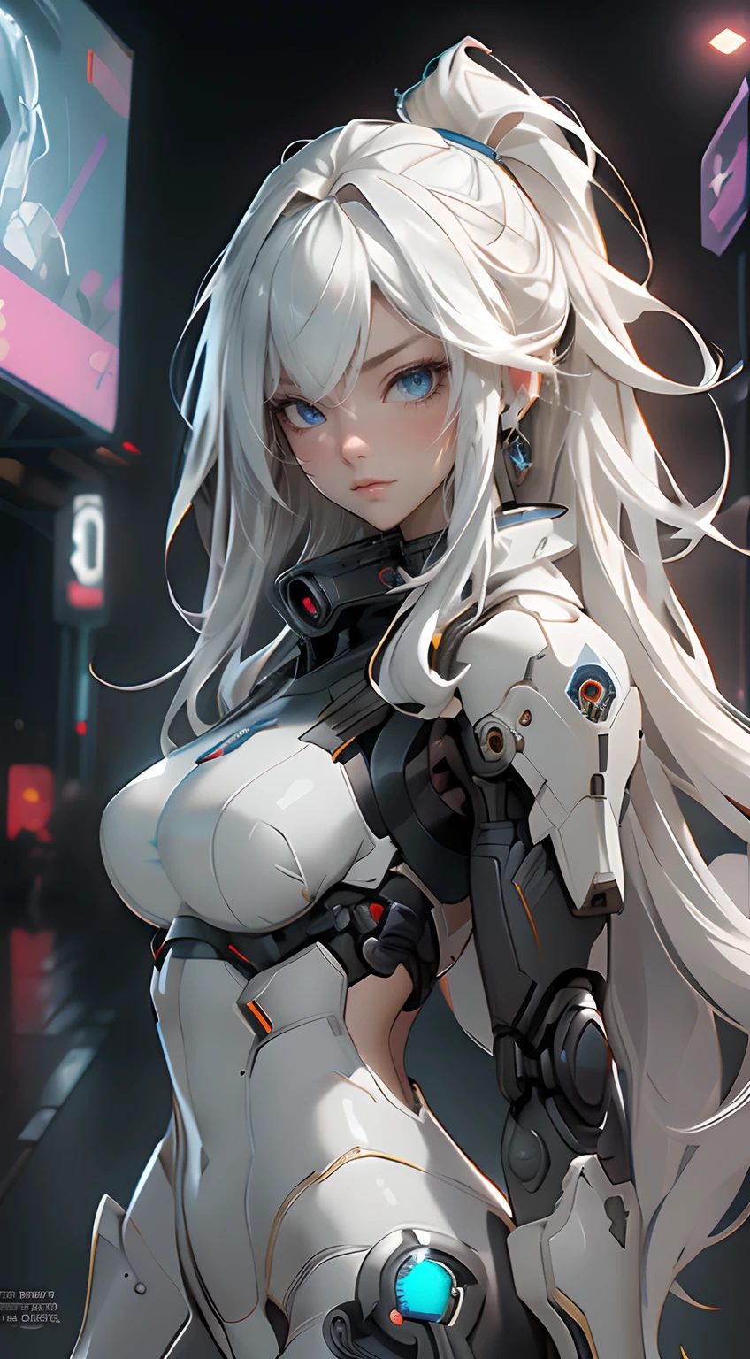 tmasterpiece，best qualtiy，cyber punk perssonage，1 rapariga，She stood confidently in the middle，with short white hair，eye shadows，The upper part of the body，dangers，illumination，neonlight，the night，Rainstorm days