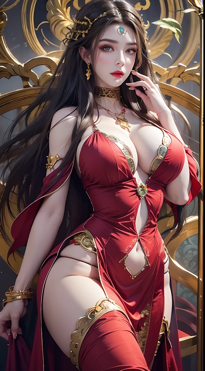 Photorealistic, high resolution, 1 woman, hips up, Beautiful eyes, Long hair, ringed eyes, jewelry, medusa, red dress,huge boobs