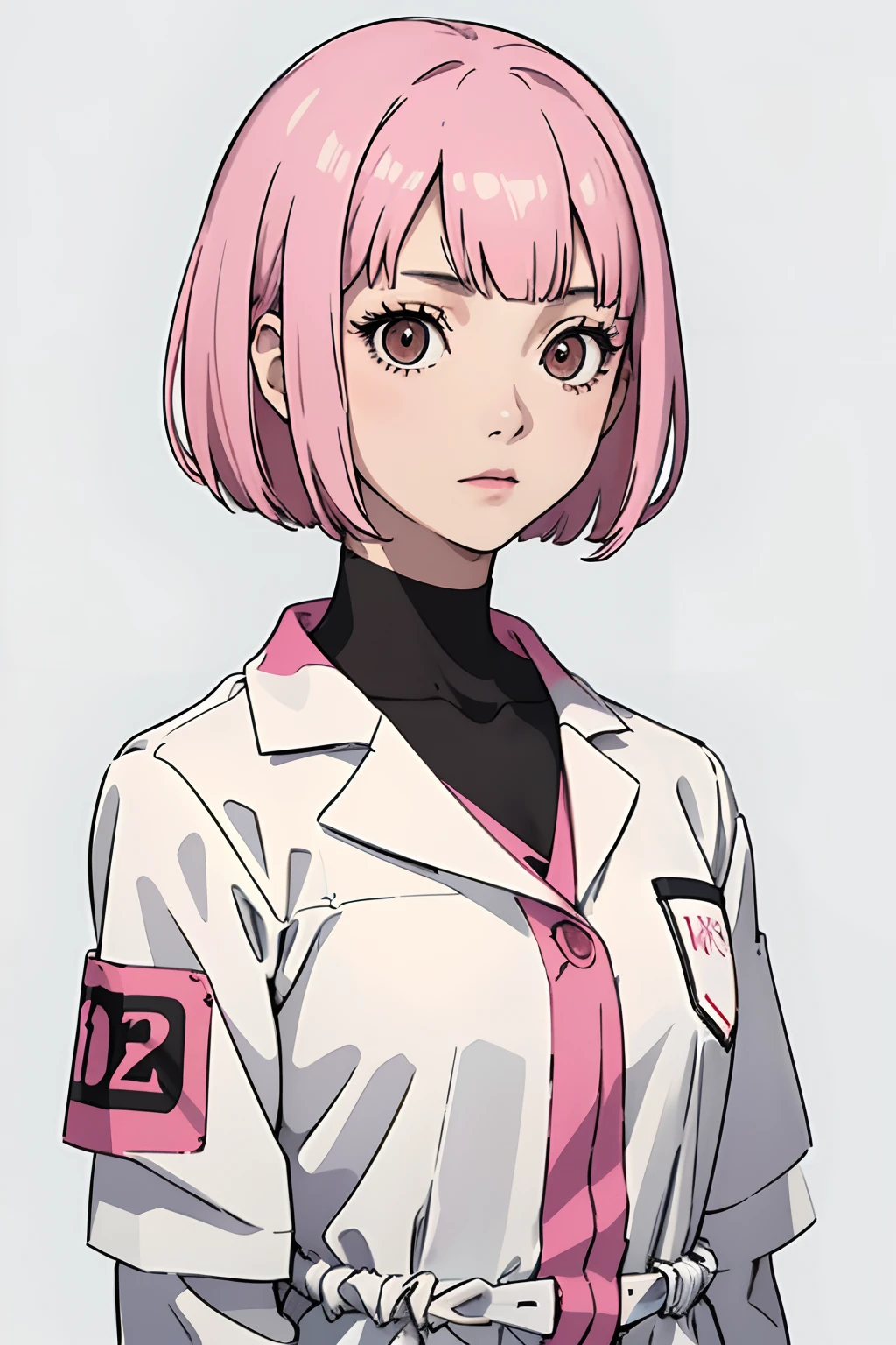 pink hair, straight bangs, short hair, white science clothes, brown eyes, no smiling, 20 years old woman, no background, dark atmosphere,