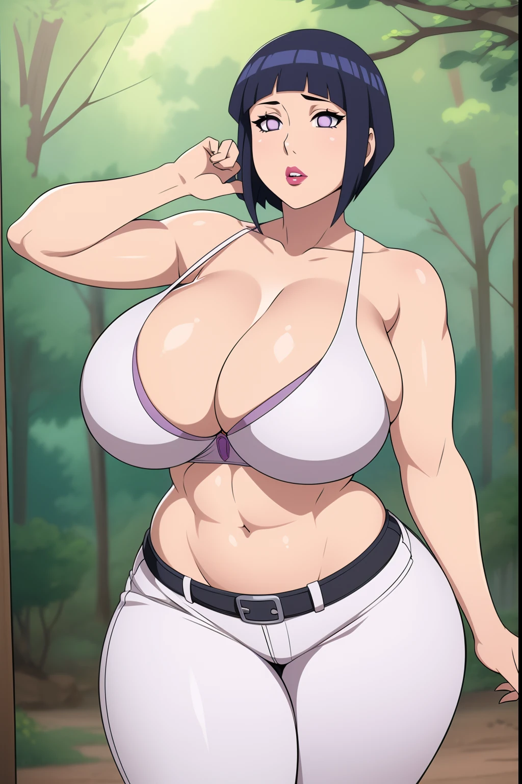 Hinata Hyuuga, 1girl, ((bimbo))), short blue hair, puffy lips, painted lips, thick lips, wide hips, thick thighs, huge ass, bimbo face, muscular stomach abs, shiny skin, enormous huge natural breasts, white jeans, black bra, hanging breasts, hand signs, posing,