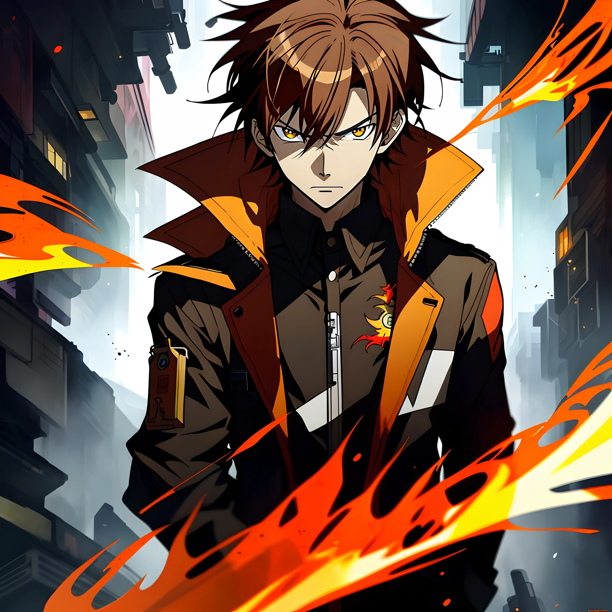 Anime characters with brown hair in black shirt,Red jacket and yellow flame, Badass anime 8 K, Key anime art, shigenori soejima illustration, hajime yatate, male anime character