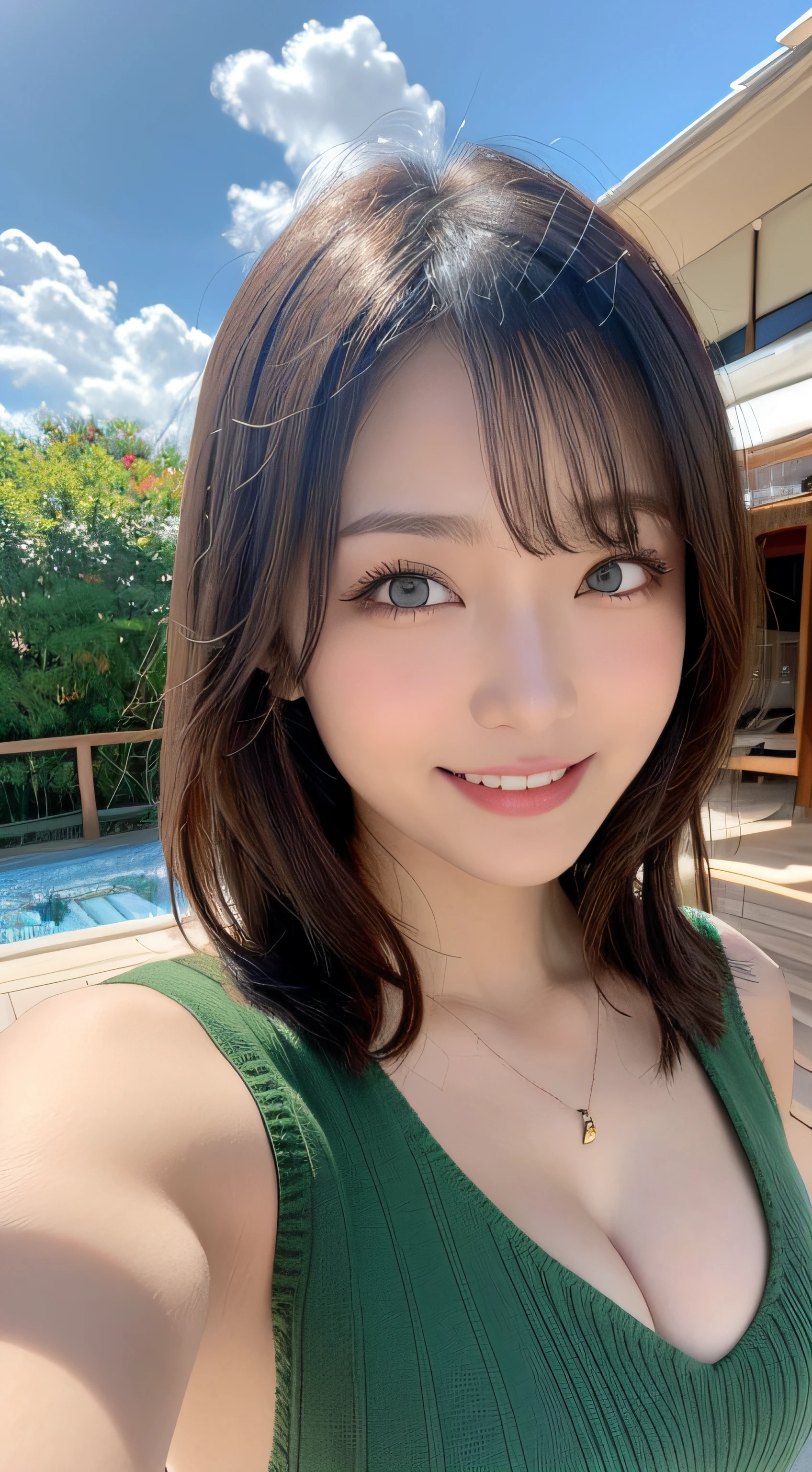 masutepiece, Best Quality, Photorealsitic, finely detail, hight resolution, 8K Wallpapers, Perfect dynamic composition, Beautiful detailed eyes, Medium Hair, large full breasts, Random and sexy poses,Bring your chest together、(Tight Green Knitwear)、(Breast bulge 1.2)、A smile、open open mouth、Resort scenery、24 year old、(Drooping eyes 1.4)、Adult beauty、japanes