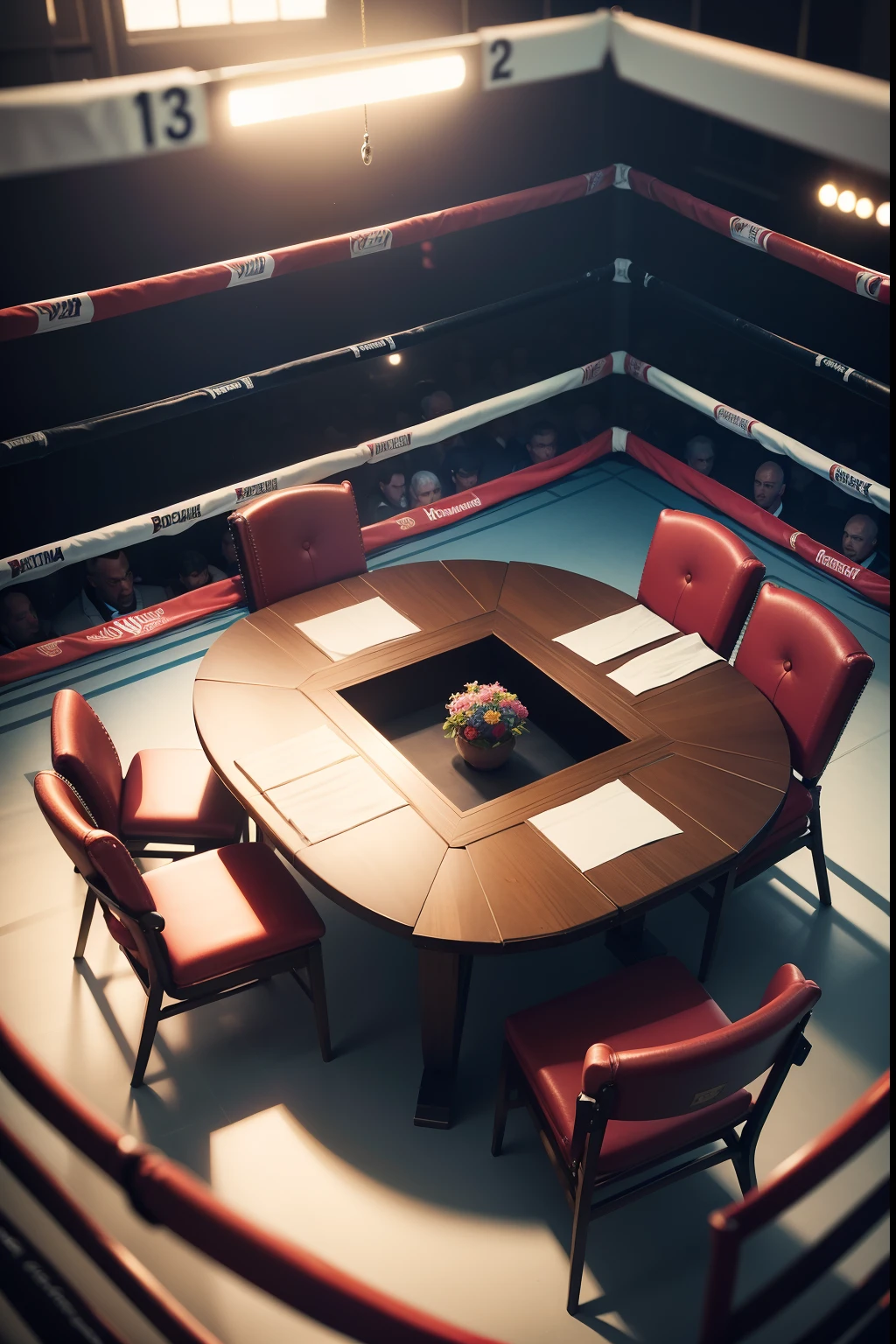 Two tables with 6 intellectuals each in the boxing ring. overhead view