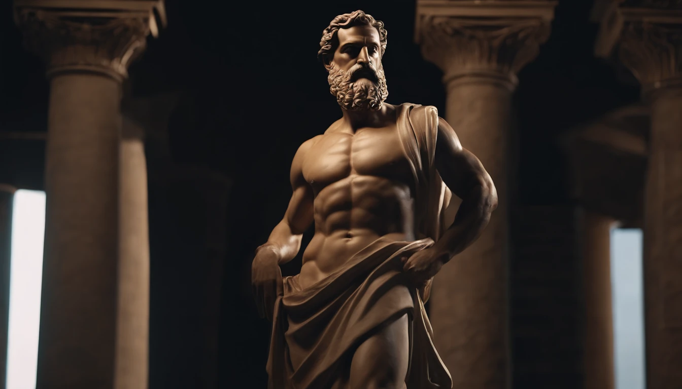 Greek philosopher muscular statue, big beard, cinematic, dark background, 8k, ultra realistic