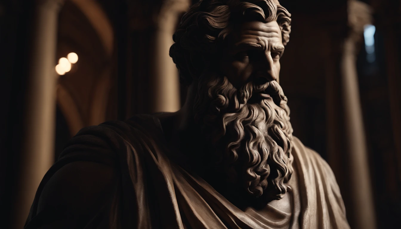 Greek philosopher muscular statue, big beard, cinematic, dark background, 8k, ultra realistic