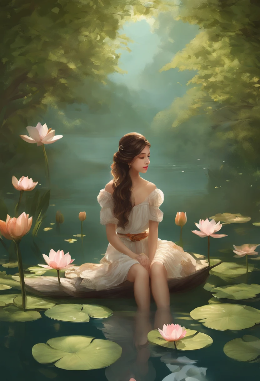 There's a girl sitting on a leaf, (roupas brancas), esquema de cores frescas, there's a stuffed toy, arte estilo guvez, popular em CGSTATION, ilustrado por Li Song, anime suave, Lying on a carpet of water lilies, sitting on a lotus flower, arte digital fofa e meticulosa, estilo de arte bonito, na lagoa, Yang J, arte digital bonito, Guvitz, sitting by the pond