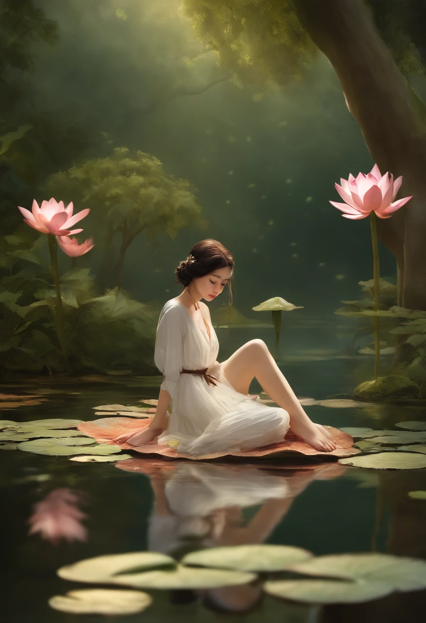 There's a girl sitting on a leaf, (roupas brancas), esquema de cores frescas, there's a stuffed toy, arte estilo guvez, popular em CGSTATION, ilustrado por Li Song, anime suave, Lying on a carpet of water lilies, sitting on a lotus flower, arte digital fofa e meticulosa, estilo de arte bonito, na lagoa, Yang J, arte digital bonito, Guvitz, sitting by the pond