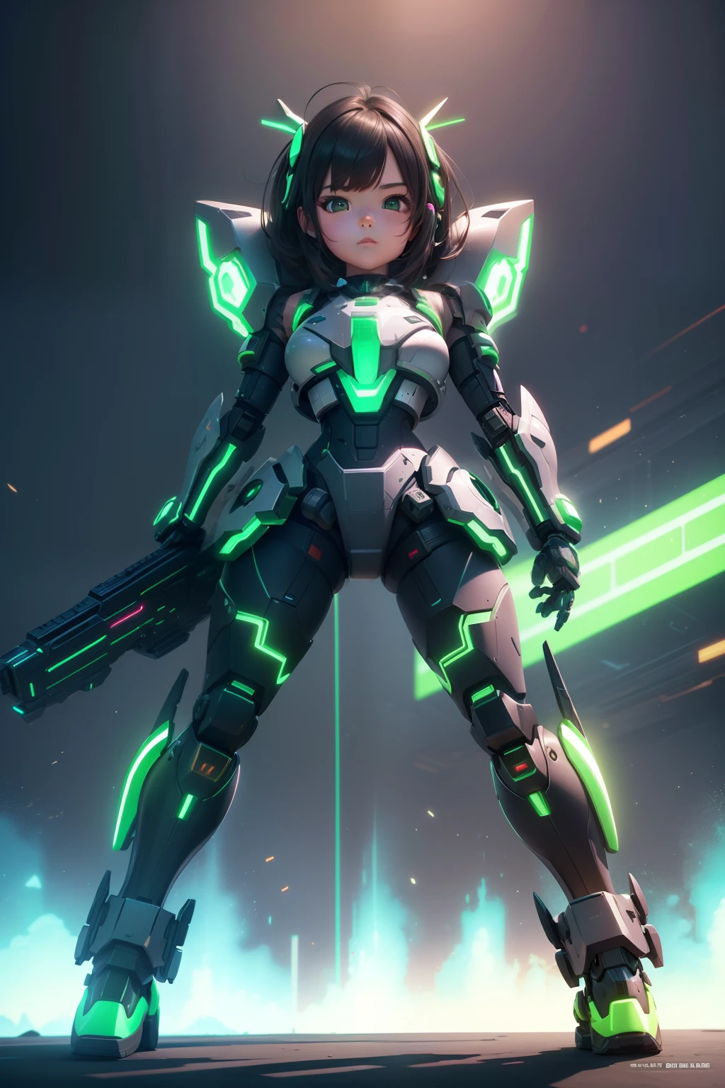 a cute young loli raised a super big gun, in heavy complex robotic armor, dynamic pose, stance pose, masterpiece, perfect feminine face, best quality, ultra high res, sci-fi, transformers, fantasy, futuristic, green neon, armlet, jet packs