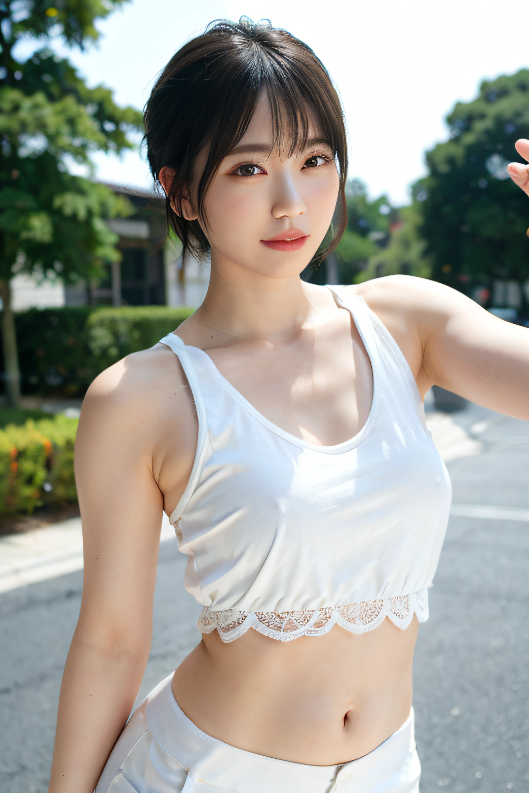 top-quality、女の子 1 a person、large full breasts、tag、with light glowing、Blur background、bokeh dof、outside of house、(street:0.8)、(a person々、crowd:1)、(lace-trimmed)doress:1.5、Tank tops、White suit、shortpants、(short-hair、forehead:1.2)、Beautiful sky with details、耳Nipple Ring、(dynamicposes:1.2)、 (The upper part of the body:0.8)、Soft lighting、the wind、glowy skin、Straight face、a navel、