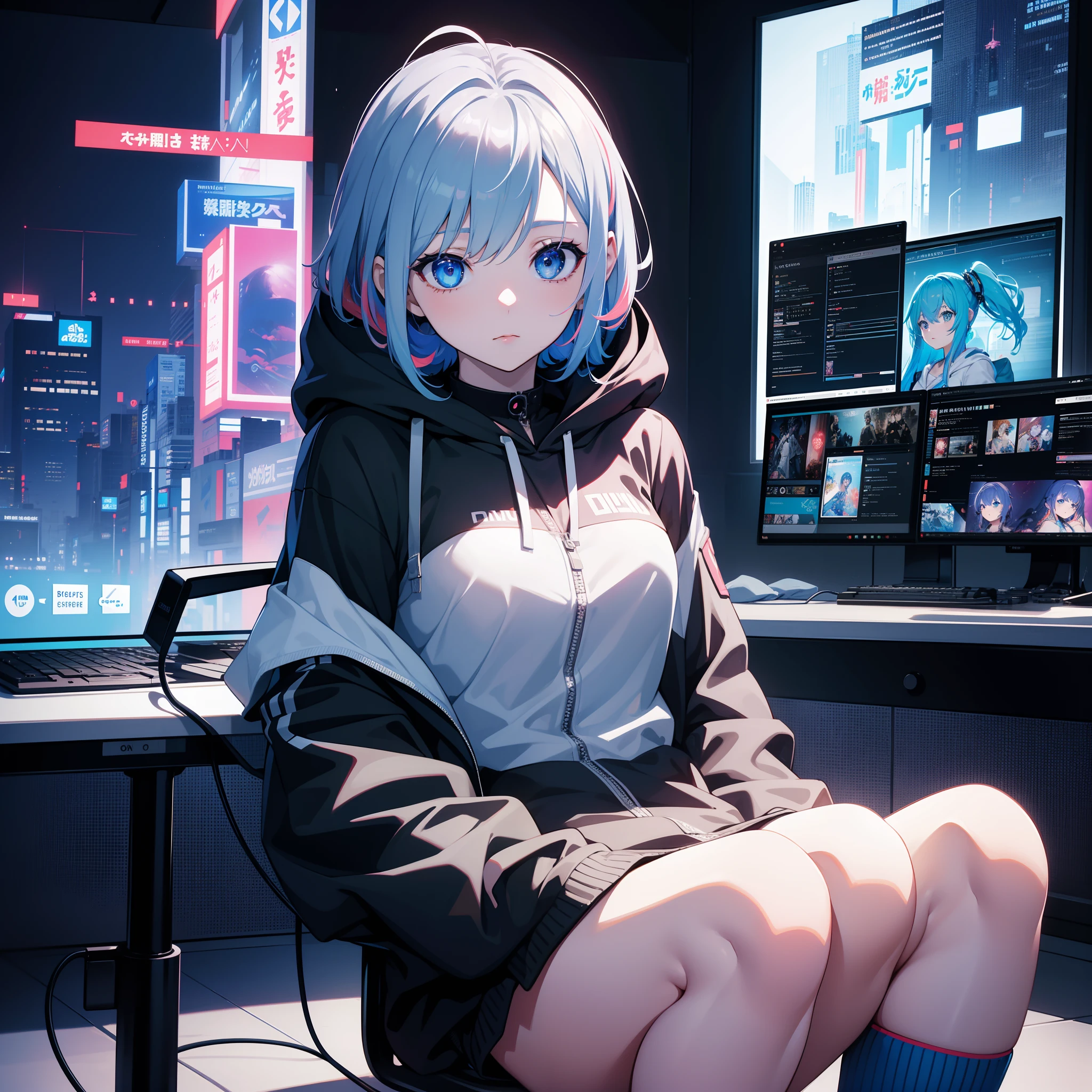 himeko honkai star rail, VOCALOID、One girl、colourful hair、PastelColors、dome、cute little、Music Background, 1girl, short gray hair, blue eyes, wearing sci-fi clothes,ask to follow, aquatic sci-fi, absurdres, high res, ultrasharp, 8K, masterpiece, looking at viewer,masterpiece, high quality, highres, absurdres, ultra-detailed, 8k, 1girl, platinum grey hair, blue hair, multicolored hair, gradient hair, looking at viewer, colorful eyes, colorful hoodie, (sci-fi city), portrait, anime character sitting on a desk with a computer and a monitor, digital cyberpunk anime art, best anime 4k konachan wallpaper, trending on artstation pixiv, anime style 4 k, digital cyberpunk - anime art, guweiz on pixiv artstation, hand not visible