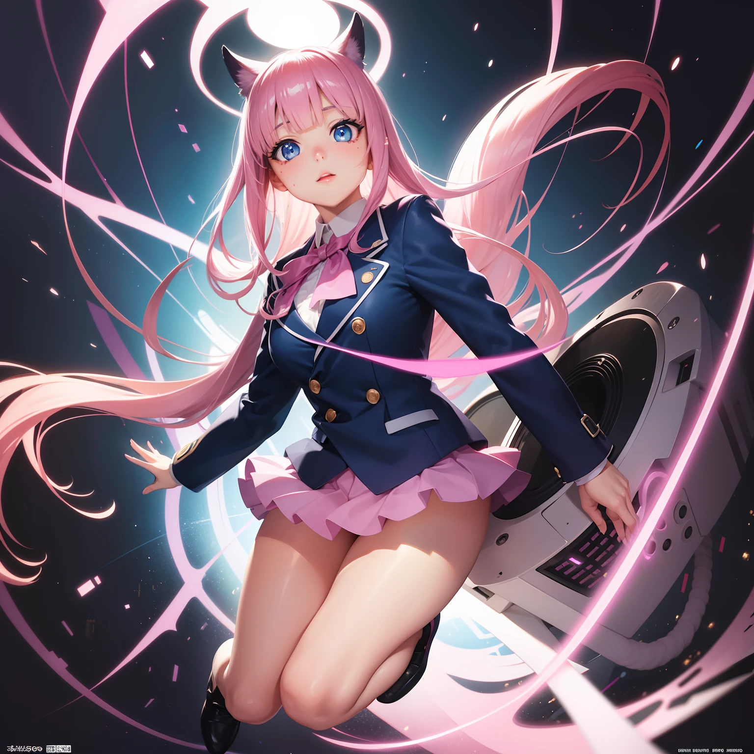 Beautiful blue eyes, Plump and glossy lips, Mole under the eyes, A beautiful girl who looks like Kanna Hashimoto, Shiny pink hair, Navy blue blazer, Shocking pink super mini skirt, Pink ribbon, front facing, Computer Graphics Art, 。.3D, High resolution, Highest Quality, Full body, 8K Character Concept, 32K, pixiv, Illustration, super detailed, Super Detailed Face, Megapixel, Ultra-detailed HDR, Clear, Overdecoration