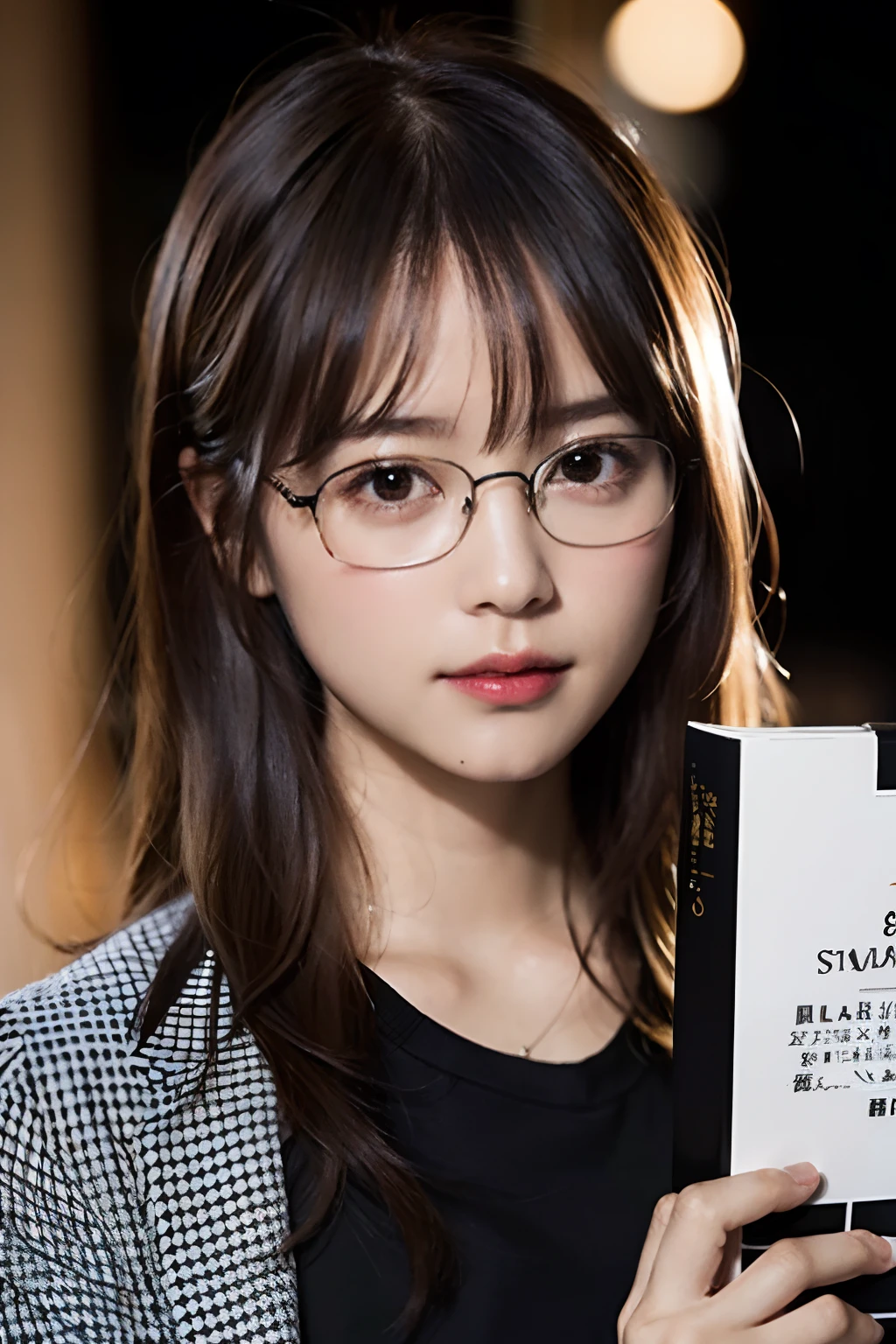 (8K、Raw photography、top-quality、masterpiece:1.2)、(realisitic、Photorealsitic:1.37)、ultra-detailliert、超A high resolution、女の子 1 人、29yo、see the beholder、beautifull detailed face、Smile、Constriction、(Slim waist) :1.3)、Blazer、Beautiful detailed skin、Skin Texture、Floating hair、Hair bunched into one、large breasts with good shape、Professional Lighting、Autumn twilight、book library、(((Black square glasses )))、Whole human body、Black hair、((Shameful appearance))、Accept the book、