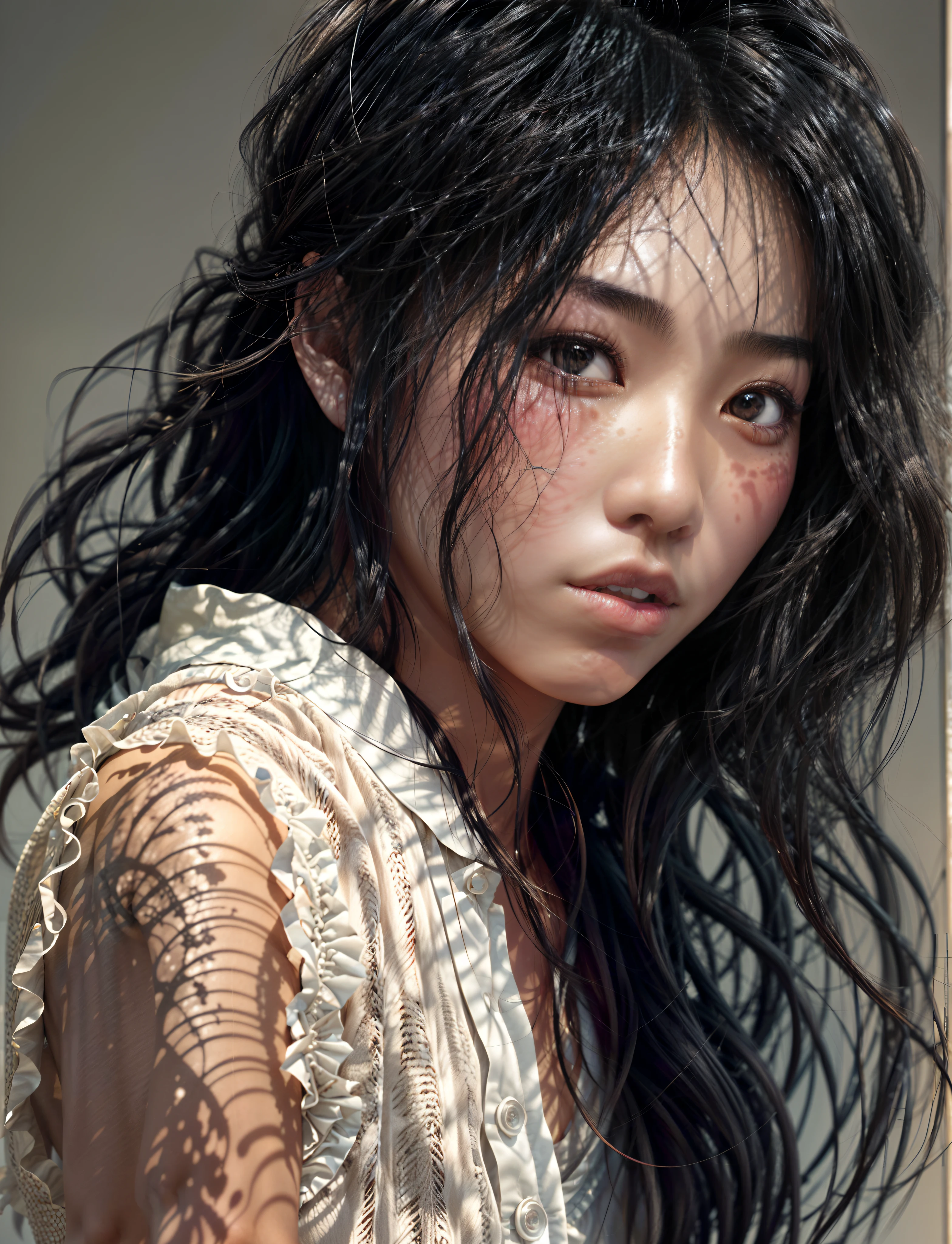 Beautiful asian girl bust closeup,Close-up,Long black hair,slightly curly hairstyle,Rich skin,Capillaries are faintly visible,Rough skin,freckles on his cheeks,A few moles,A touch of sadness,The eyes are not big,Perfect hands,Wearing a cotton and linen white vest,detail-rich,Movie lighting,contrast of light and shadow,rendering by octane,