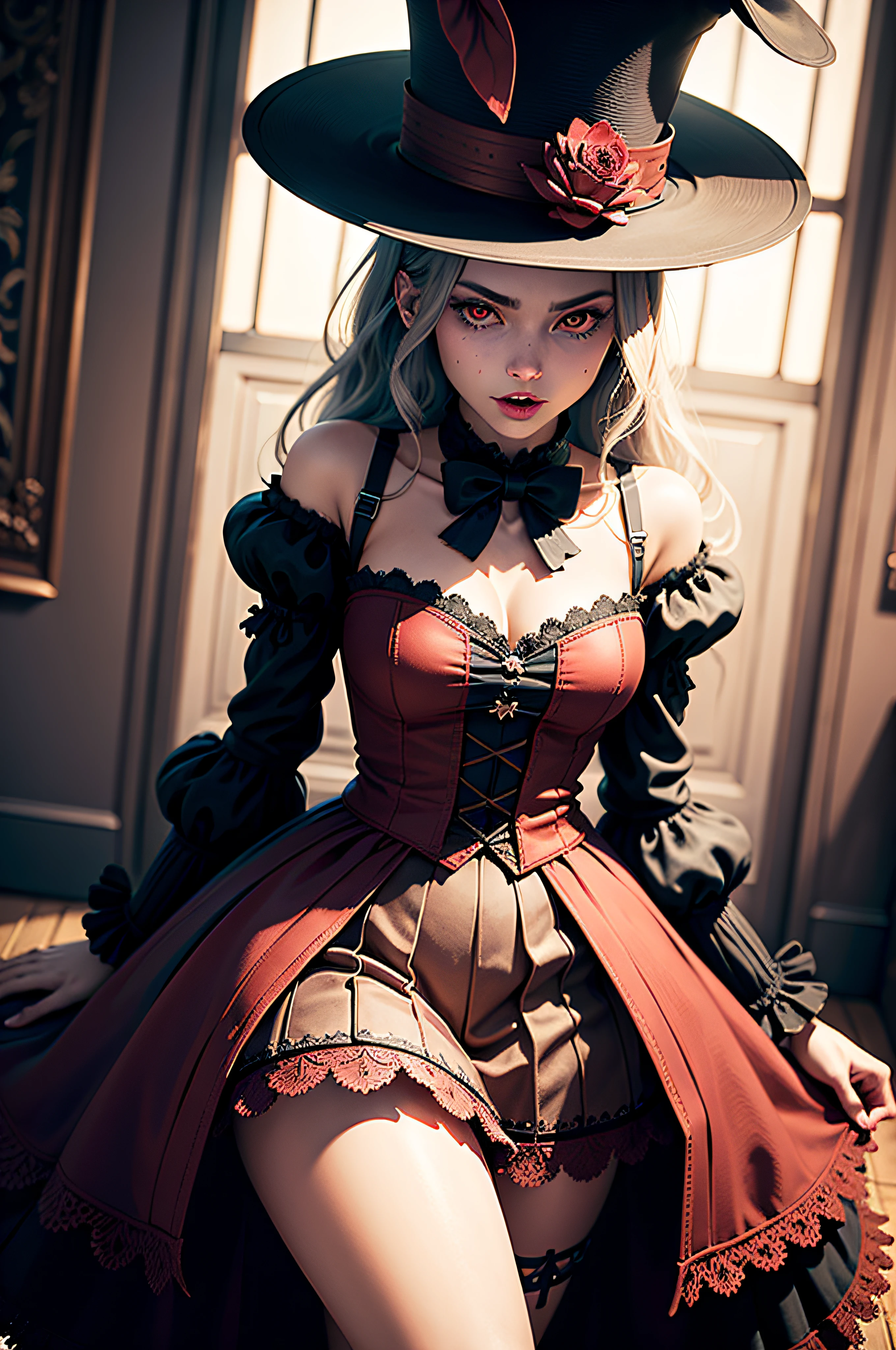 ((best quality)), ((masterpiece)), (detailed), (detailed CG unity 8k wallpaper), (realistic), Mad Hatter, evil red eyes, skinny hands, top hat, tattered clothes, emanating a sinister malevolence and intimidating aura, inspiring terror in those who encounter its fearsome form, drinking tea, Alice in Wonderland Theme, male, demented, gothic, evil white rabbit, sexy
