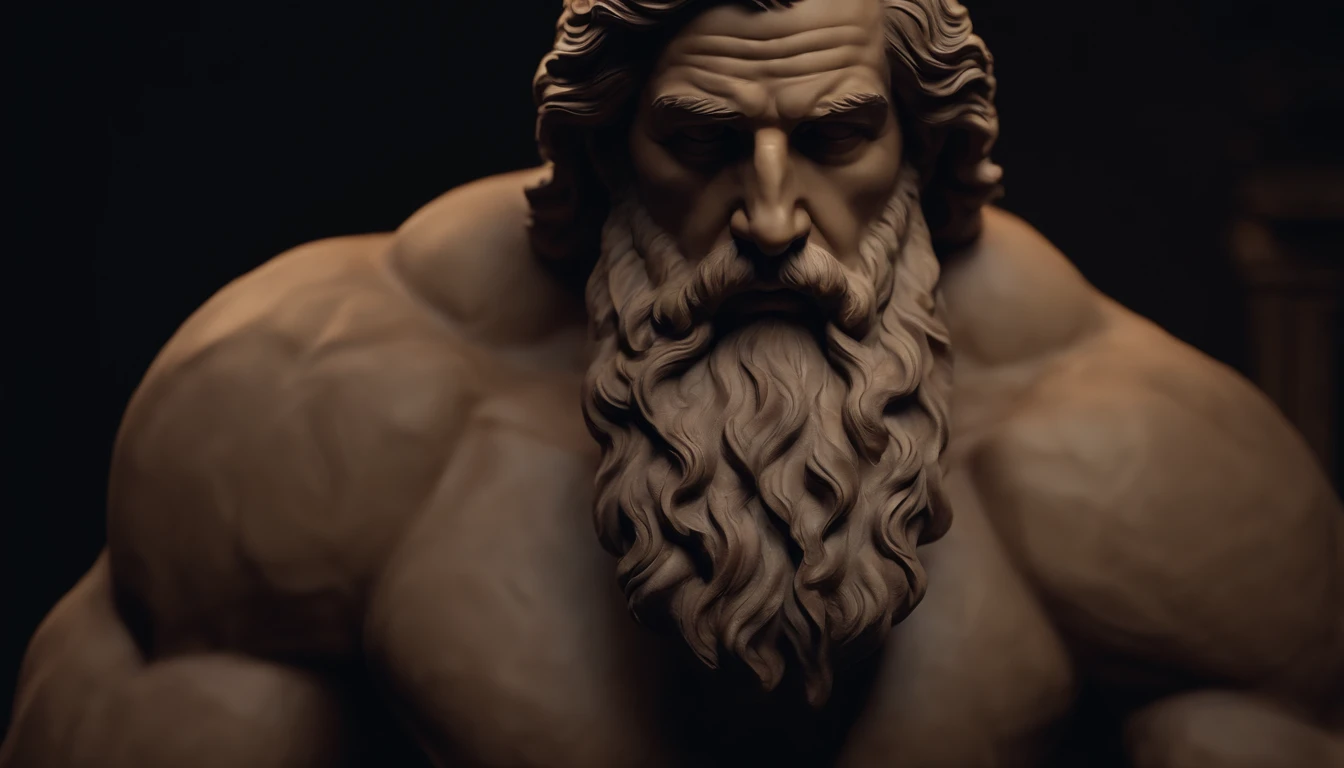 Greek philosopher muscular statue, big beard, cinematic, dark background, 8k, ultra realistic
