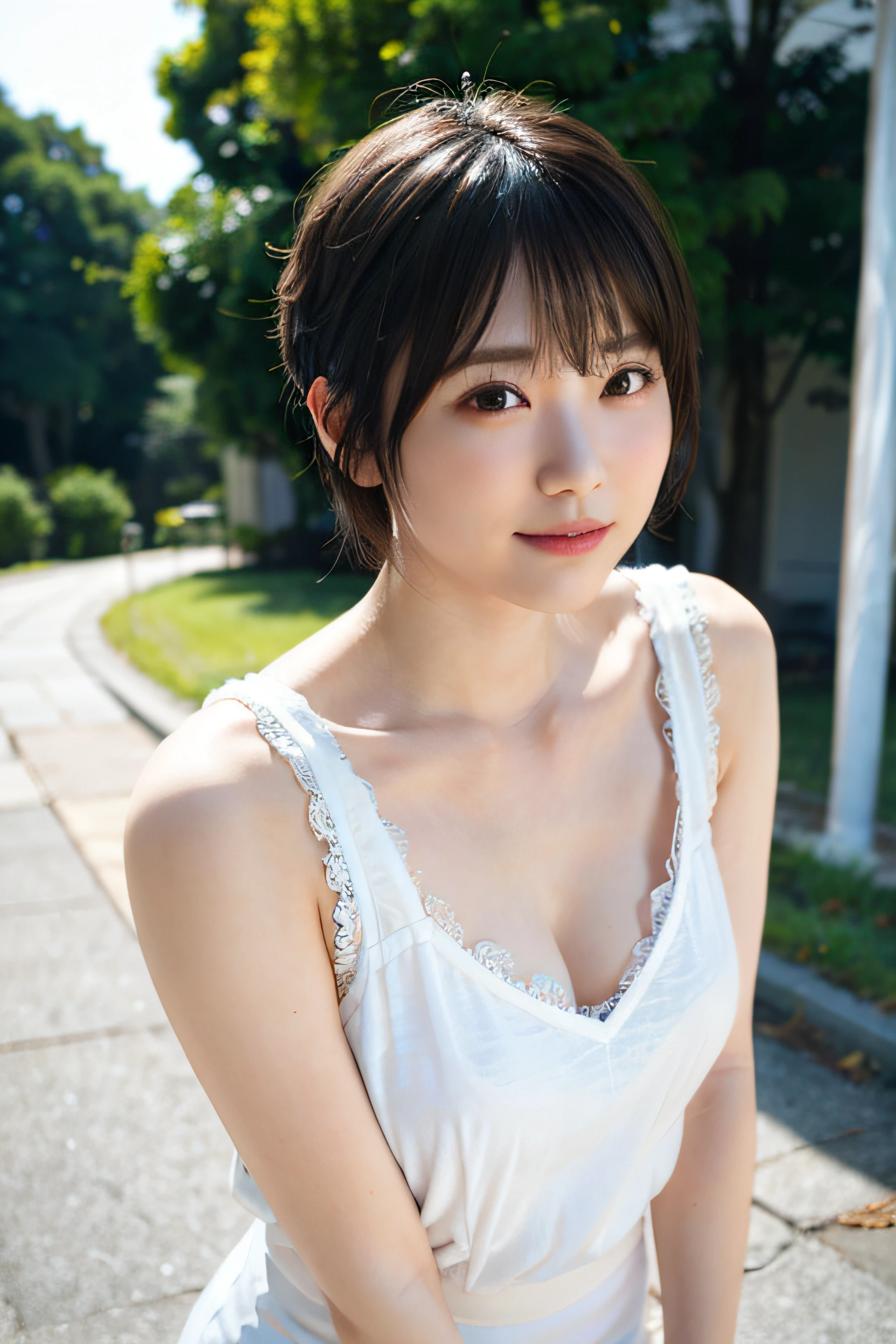 top-quality、女の子 1 a person、large full breasts、tag、with light glowing、Blur background、bokeh dof、outside of house、(street:0.8)、(a person々、crowd:1)、(lace-trimmed)doress:1.5、Tank tops、White suit、denim short pants、(short-hair、forehead:1.2)、Beautiful sky with details、耳Nipple Ring、(dynamicposes:1.2)、 (The upper part of the body:0.8)、Soft lighting、the wind、glowy skin、Straight face、