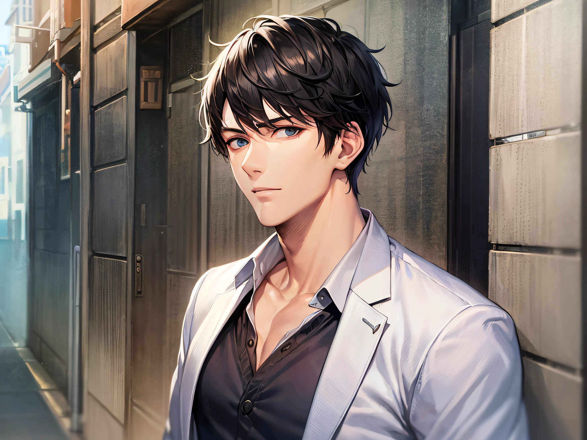 tmasterpiece,best qualtiy,1 male,AS-Adult,Handsome,With short black hair,The shirt,