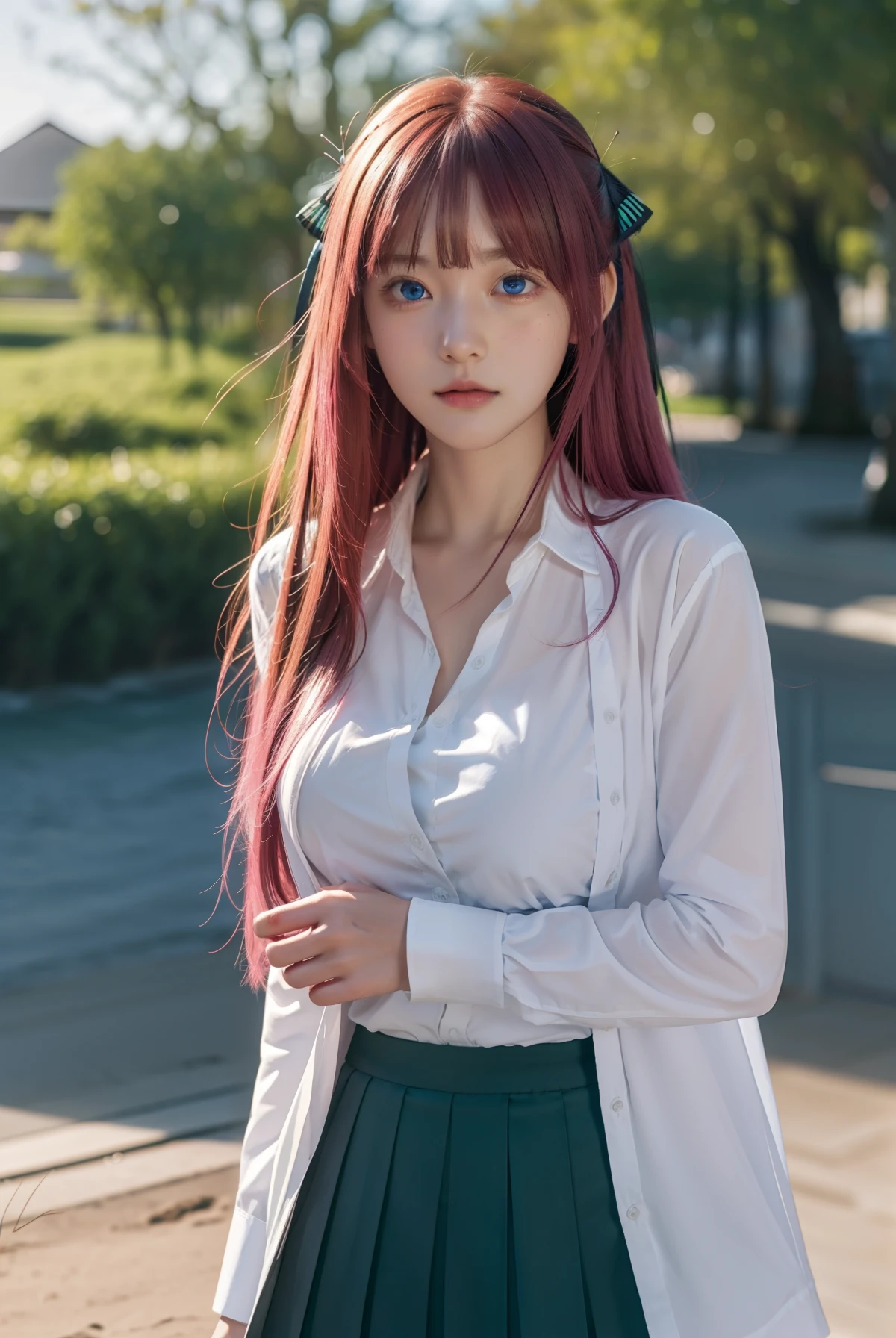 ninonakano, nino nakano, long hair, bangs, blue eyes, hair ornament, hair ribbon, pink hair, blunt bangs, double sided, butterfly hair ornament, BREAK skirt, shirt, long sleeve, white shirt, pleated skirt, open shirt, collared shirt, sleeves past the wrist, shirt, cardigan, green skirt, big boobs, cardigan, black cardigan, beach, BREAK looks at the viewer, BREAK (masterpiece:1.2), best quality, high resolution, unity 8k wallpaper, (illustration:0.8), (beautiful detailed eyes:1.6), very detailed face, perfect lighting, very detailed CG, ( perfect hands, perfect anatomy), standing, sad