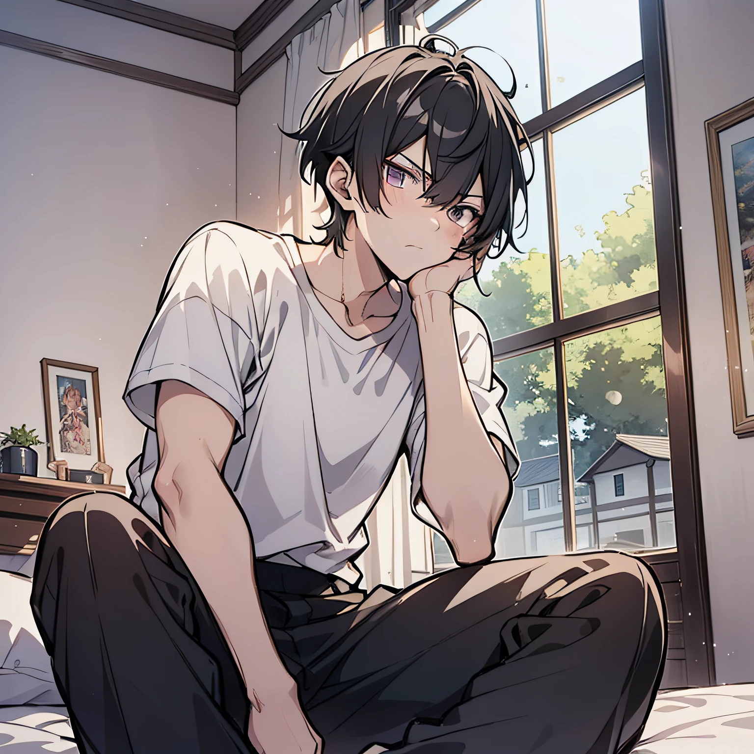 A man sitting on the edge of his bed, rubbing his eyes.