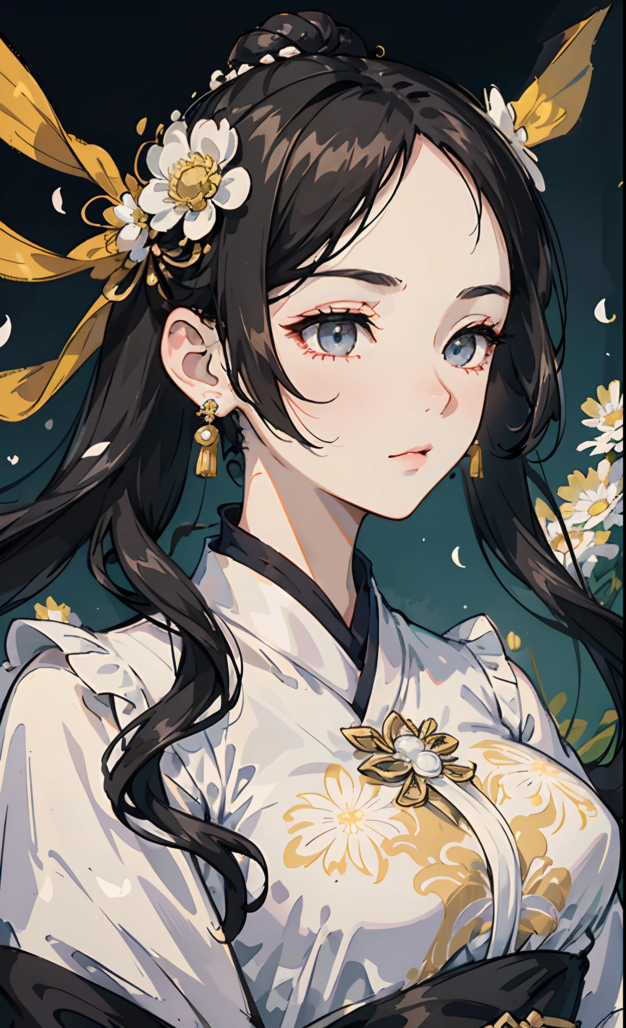 Mature girl , black hair, floating hair, delicate and smart eyes, intricate damask hanfu, gorgeous accessories, wearing pearl earrings, FOV, f1.8, masterpiece, complex scene, petals flying, front portrait shot, Chang'e, Daisy flowers