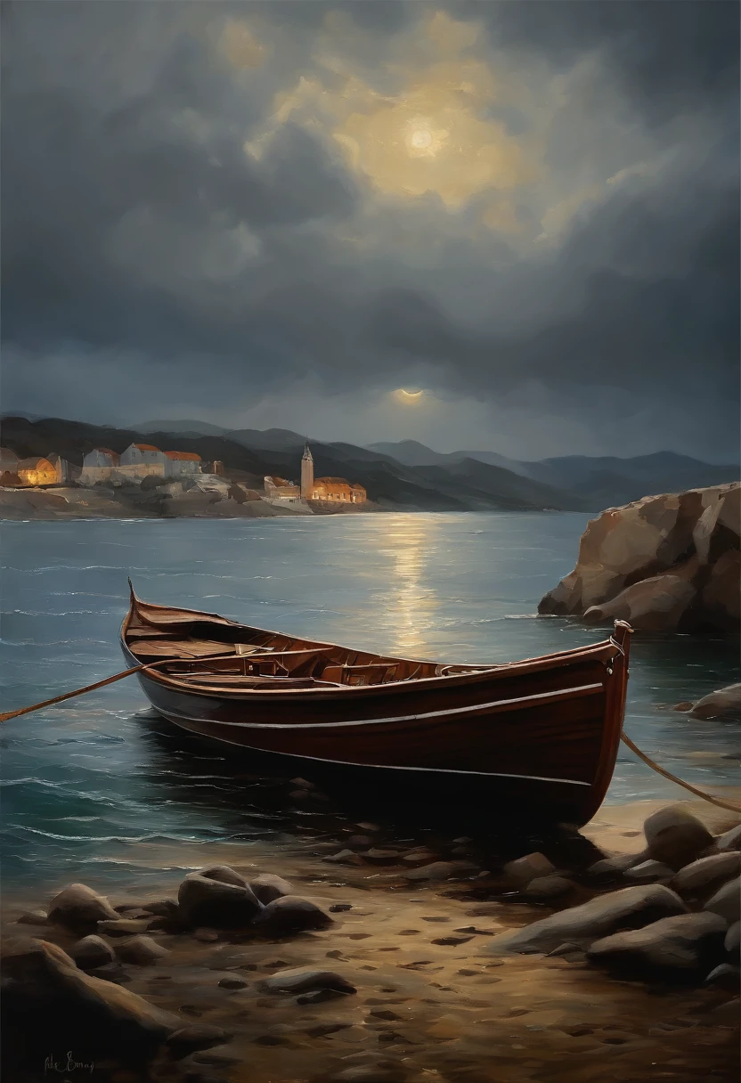 Real picture（（oil paint ））Landscape painting,acrycle painting，Brush Strokes，With unparalleled realism,ultrawide,ominous skies,Sail ships,Wooden boats,Lotus,Huge waves,Starry night,Harry Potter,voluminetric lighting,Clearing,Realistic,james gurney,art stations，（（The oil paint on was applied））