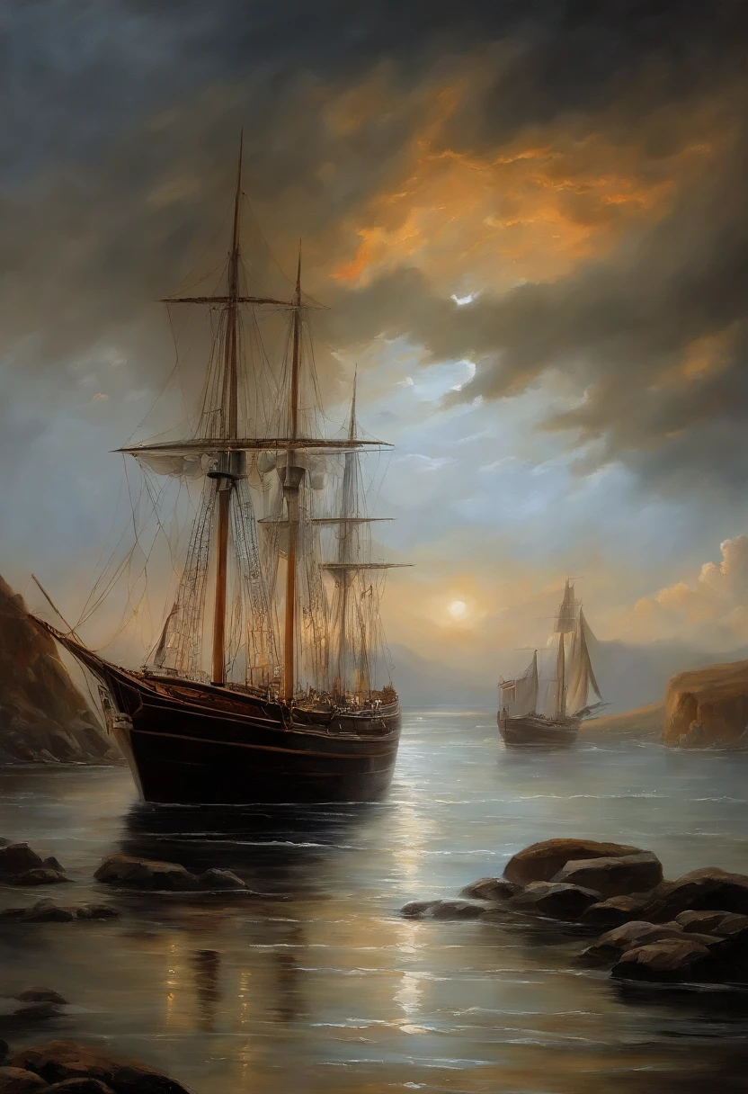 Real picture((oil paint ))Landscape painting,acrycle painting,Brush Strokes,With unparalleled realism,ultrawide,ominous skies,Sail ships,Wooden boats,Lotus,Huge waves,Starry night,Harry Potter,voluminetric lighting,Clearing,Realistic,james gurney,art stations,((The oil paint on was applied))