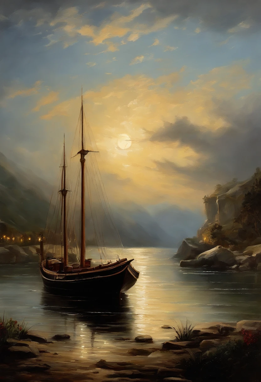 Real picture（（oil paint ））Landscape painting,acrycle painting，Brush Strokes，With unparalleled realism,ultrawide,ominous skies,Sail ships,Wooden boats,Lotus,Huge waves,Starry night,Harry Potter,voluminetric lighting,Clearing,Realistic,james gurney,art stations，（（The oil paint on was applied））
