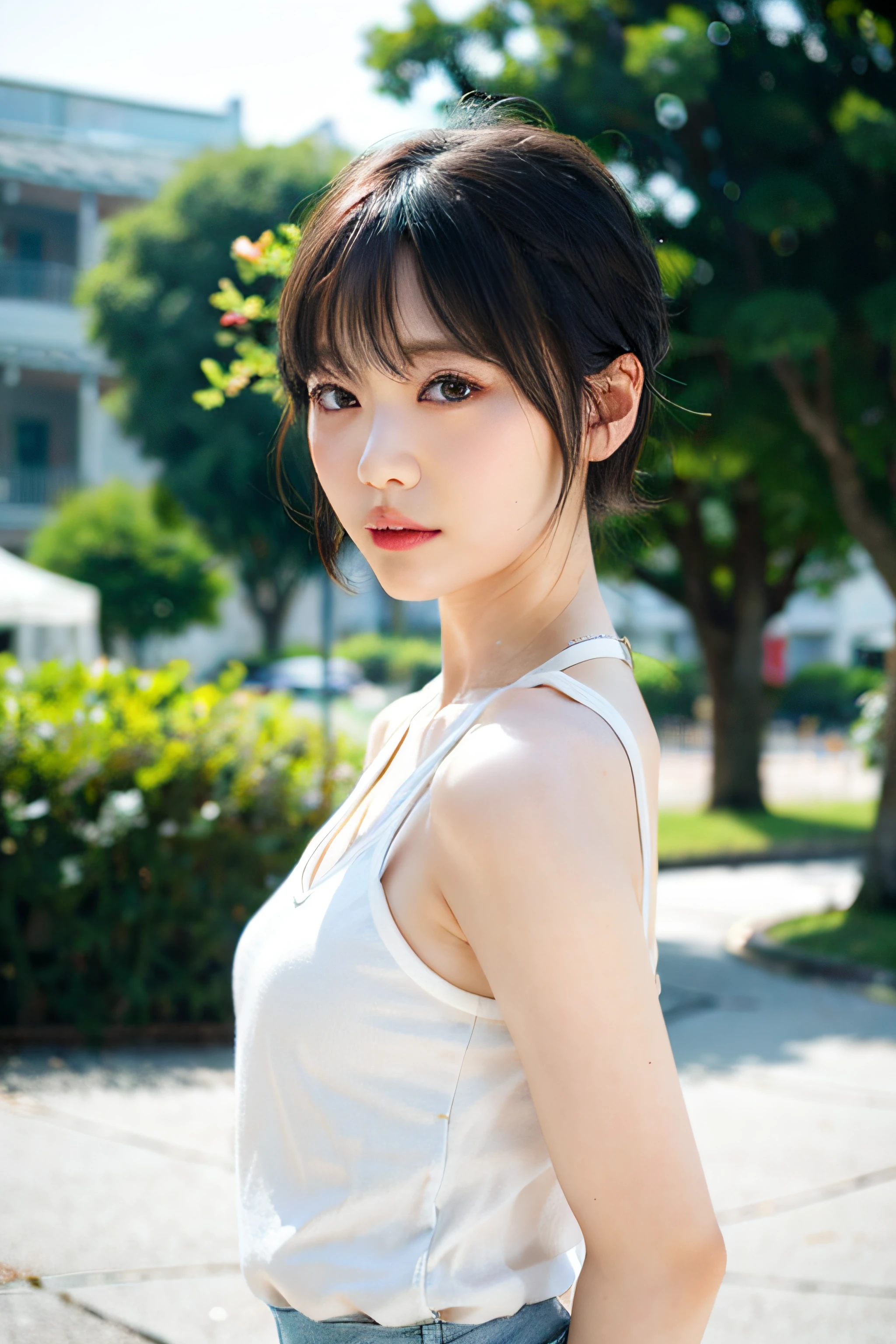 ((8K)、top-quality、​masterpiece、超A high resolution:1.2)Photo Beautiful Japan woman(pleasing:1.1) Elegance、There is a good、Transparent atmosphere、Beautiful face、Gradient lighting、1girl in、Delicate skin、Look into the distance、Brown-eyed、(short hair with bangs:1.2)、(breasts are large:1.0)、(medium areola:0.8)、(realisitic:1.4)、(top-quality:1.0)、(超A high resolution:1.0)、8K、Raw photography、(​masterpiece:0.2)、(pureerosface_v1:0.5)、Tank top dress、Tight、brown、Round Neck、Linen and cotton、Mini length dress、Panties are visible from the skirt、Thin shoulder straps、barechested、cotton clothes、no sleeves、Sleeveless、want me、Take your eyes off、Harajuku、Omotesando、Stylish cityscape、Street Trees、The morning sun is dazzling、subject、Lean、Look here、Ass big、a large bust、Kinda chubby、Bangs shed to the side、big butts、neat and well-groomed hairstyle、Bring your chest together、Feels、Mouth slightly open、Brown clothes、Angle from the side、a necklace、crouching down、Squat down and look here、Ass big、Futomo、Squatting on the ground、sit in、