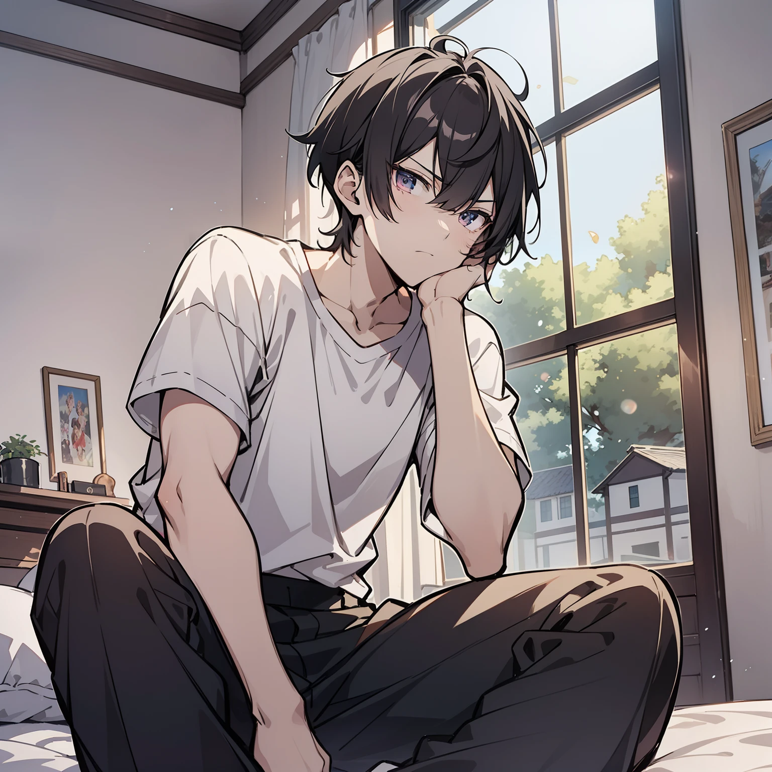 Around 18 years old, young anime man,Short black hair 1.5,Wear a plain white shirt,Sitting on the edge of the bed in the room with an angry expression(Indo blackened 1.5)(The background is in the room in the village:1.5),Anime style 4K,Anime rendering,style of anime,8K fineness,(Upper body display:1.5)(Cinematic lighting:1.5)(Handsome anime boy 1.5)