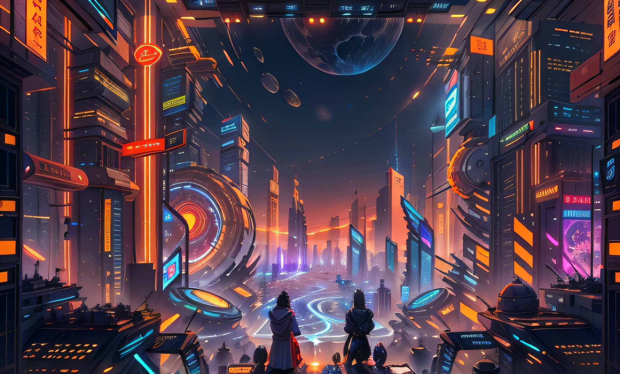 A city that blends ancient Roman and Chinese classical architecture, Night view, High-tech of the future, Cyberpunk, high rise, holographic projections, Neon lights,Space City,wide wide shot