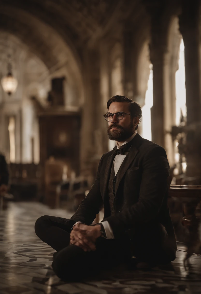 A portrait of a professor as a superhero, 30-40 years old, alone, full body, epic, masterpiece, very detailed, intrincated, 8k, heroic position, Dennyseduardorossetto, handlebar mustache, red-framed eyewear, brown hairs, brown bear, brown eyes, disney style