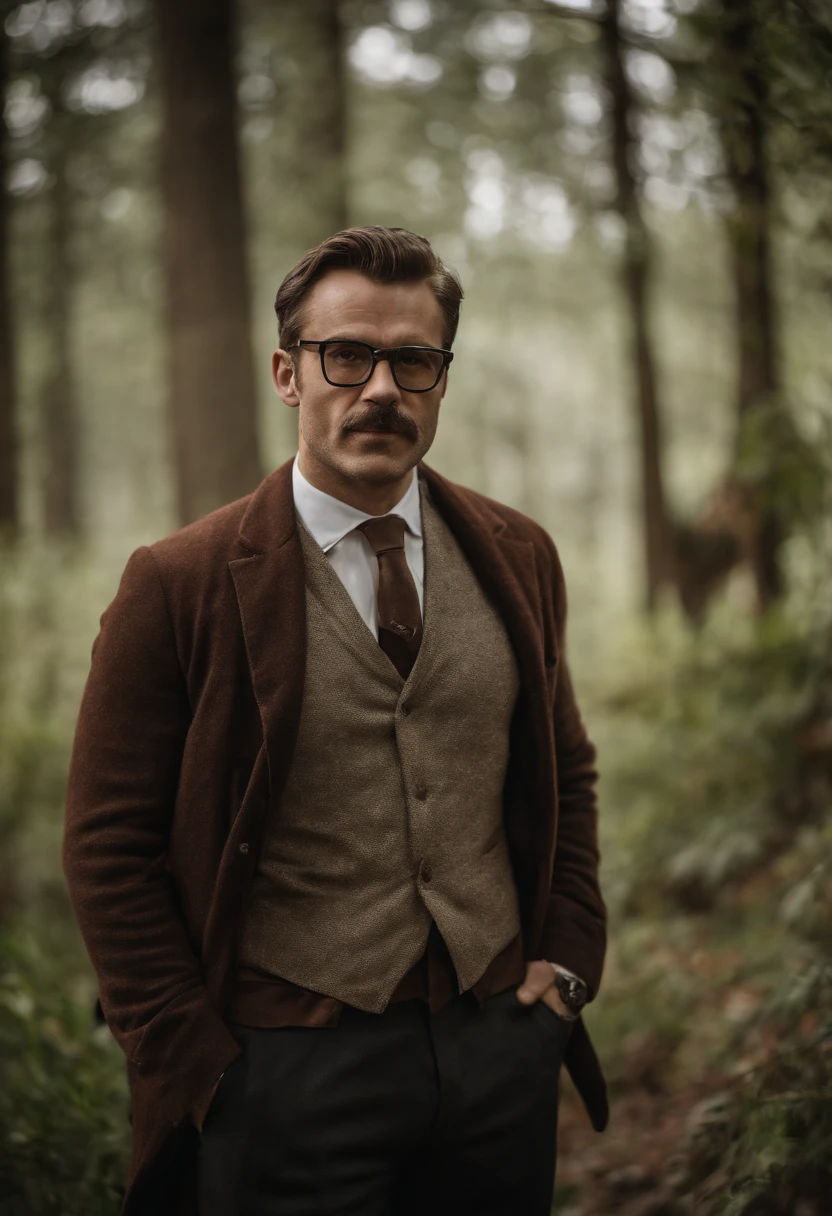 A portrait of a professor as a superhero, 30-40 years old, alone, full body, epic, masterpiece, very detailed, intrincated, 8k, heroic position, Dennyseduardorossetto, handlebar mustache, red-framed eyewear, brown hairs, brown bear, brown eyes, disney style