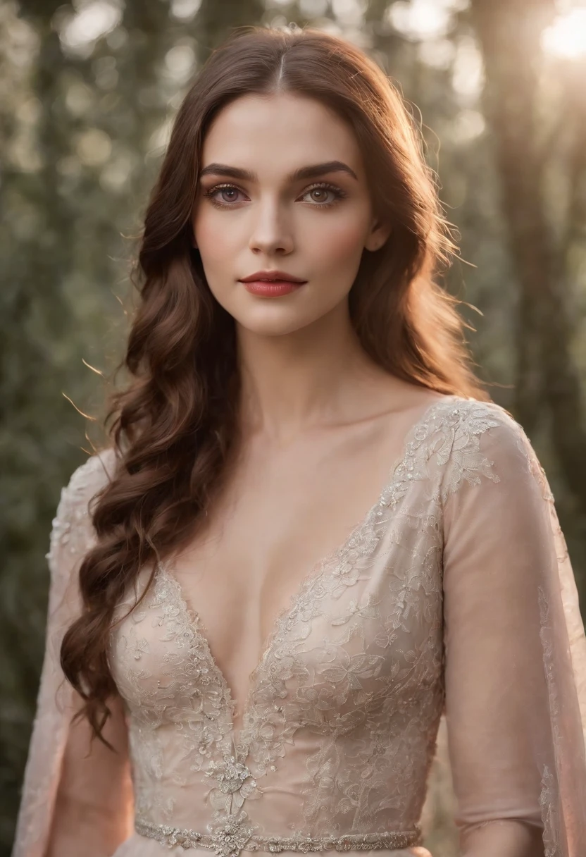 Uma bela e sedutora garota medieval: grandes olhos cinzas, of dark eyelashes, de cabelos vermelhos-escuros com suaves cachos largos, pele suave, branca e leitosa, with pink flush on the cheekbones, boca grande, covinha no queixo arredondado.