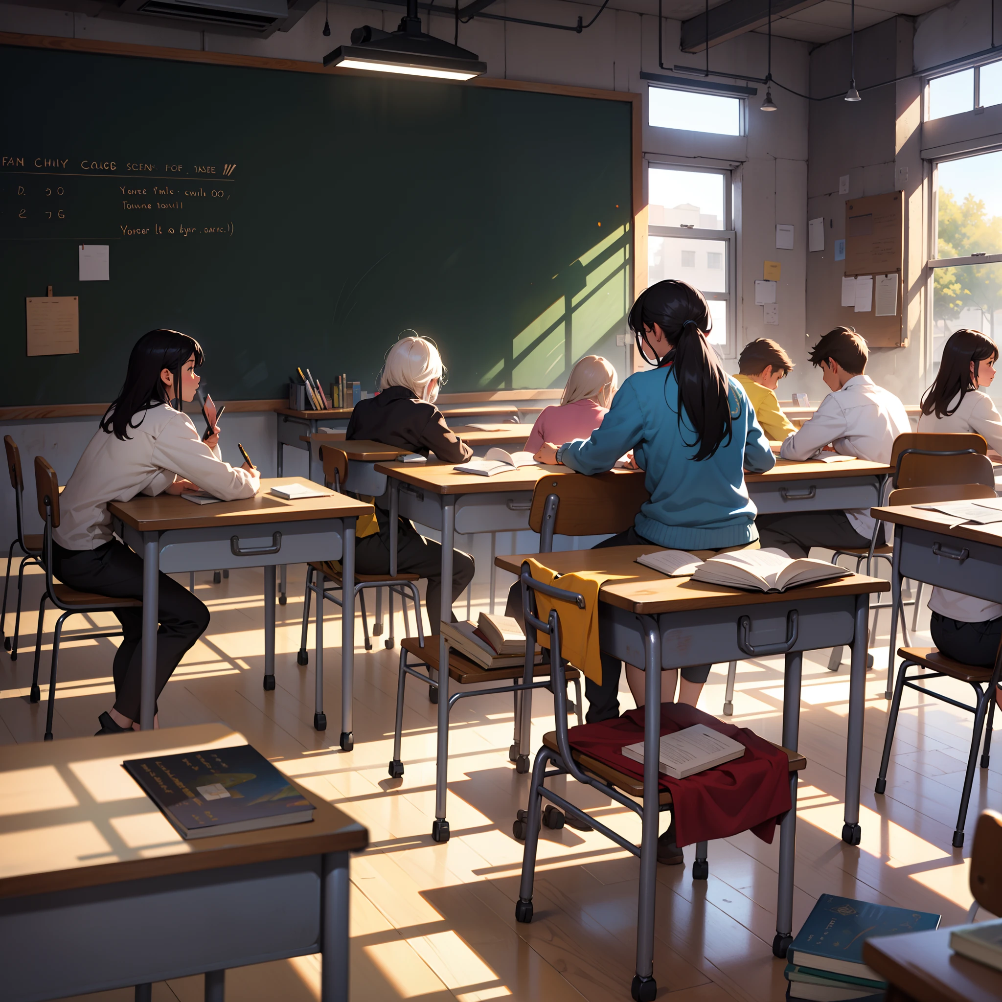with students actively participating, vibrant colors, natural lighting, traditional painting style, warm tone, blackboard, desks and chairs, piles of textbooks, chalk dust in the air.