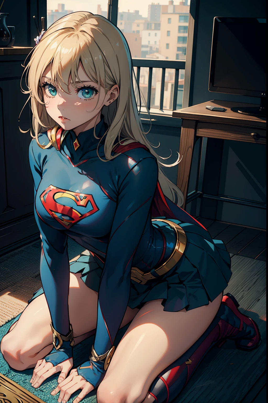 1 Supergirl vs. 1boy, 1 girl kneeling in front of the boy, from the image above, POV, Focus sur Girl in Action, bombement, sous renflement, Splendide fille tenant un renflement, caught, regardant le spectateur les yeux mi-clos, Detailed green eyes, rougir, very embarrassed, bouche ouverte