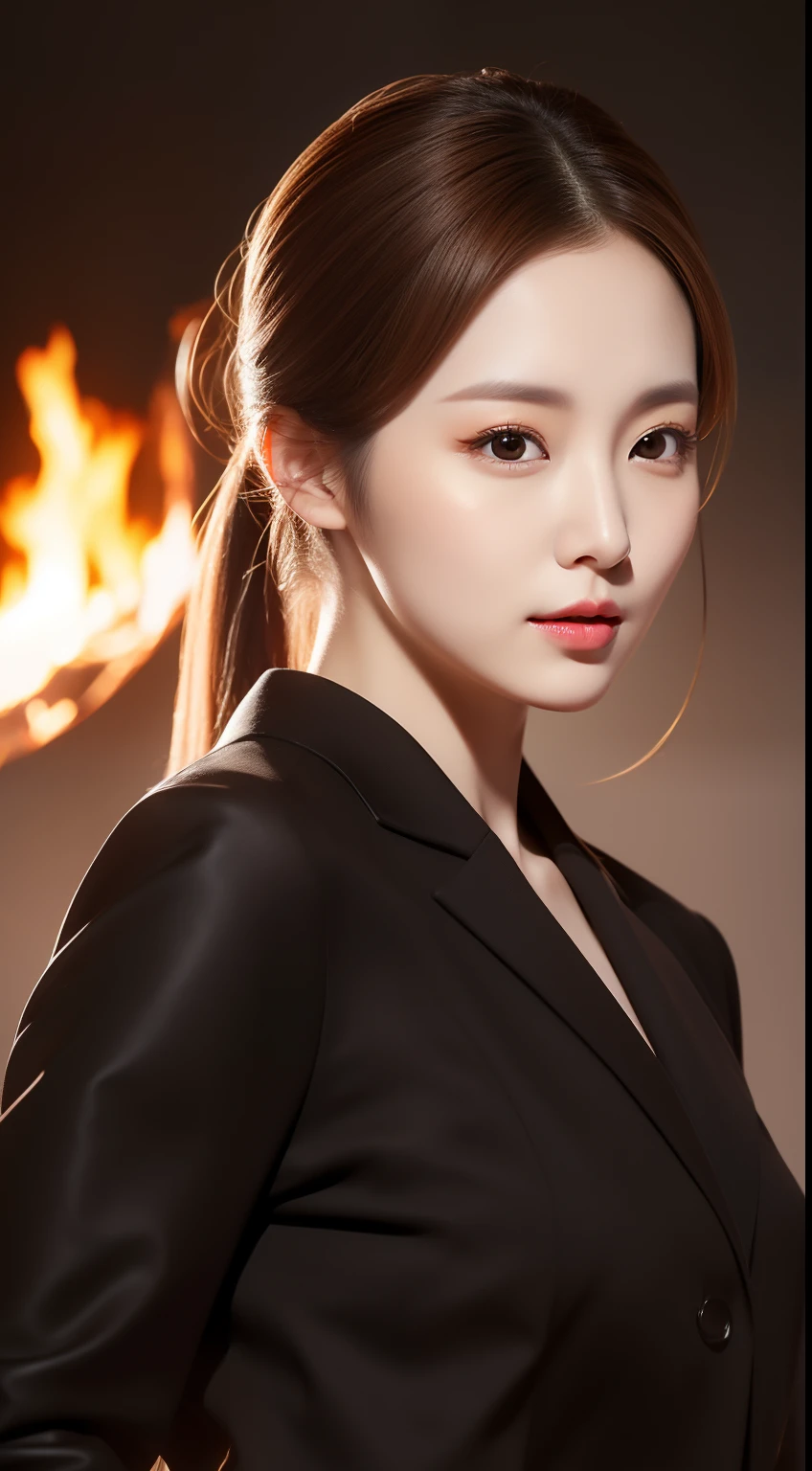 realistic photos of 1 cute Korean star, light brown hair, short ponytail, white skin, thin makeup, 32 inch breasts size, wearing black coat, sunglasses, burning fire is backdrop, upper body portrait, UHD