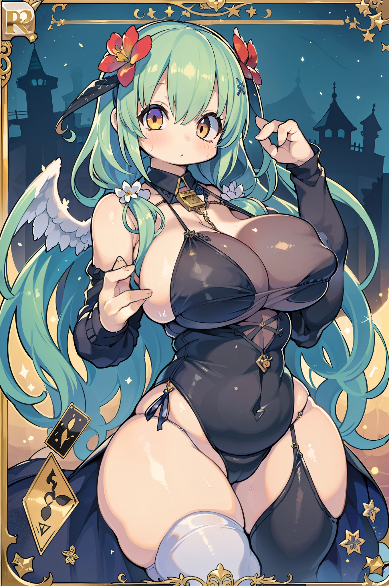 ( of the highest quality, Best Quality, Official art, Beautiful and aesthetic:1.2), (1girl in:1.3), (Fractal Art:1.3), The card, tarot, Green hair, Twin braids, Hair Flower, (good lighting:1.1), ((hight resolution)), Tarot card style,(((huge-breasted)))、thick thight、big butts、Angel wings