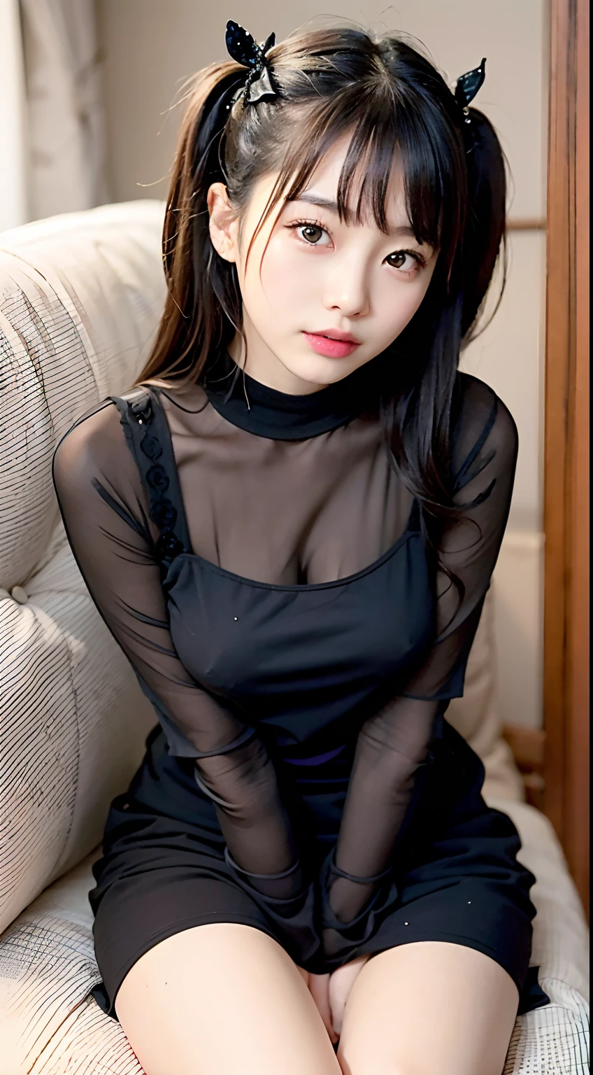 女の子1人、 girl、A dark-haired、hair adornments、garments(Black Goth Lory Style Dress、Black miniskirt,Casual enough to see underwear)petite and very slender figure,,,,,,,,,,,,,,,,,,,,,,、very slender legs、manicure、耳Nipple Ring、Pink lip、a picture、realisticlying、sexuell、top-quality、adopt、A detailed face、细致背景、depth of fields、Full-body angle of view(Angle from below)、Sitting on the couch with your knees、sexuell、独奏、natta