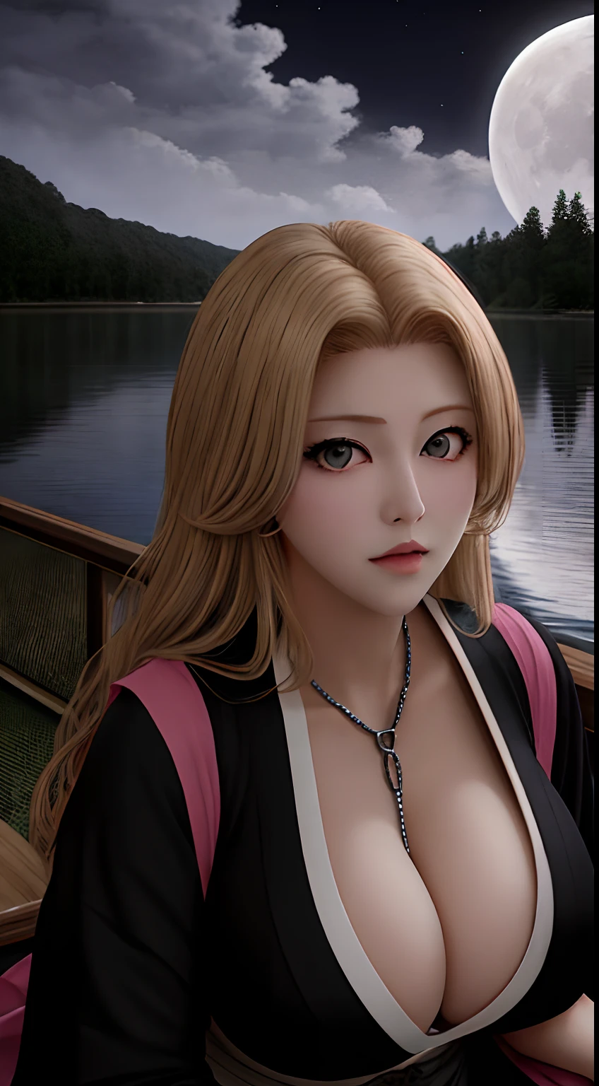 rangiku, night, cleavage, sitting near the lake, deep gray eyes, moon, black japanese clothes, stars, big breasts, from below, blonde hair,