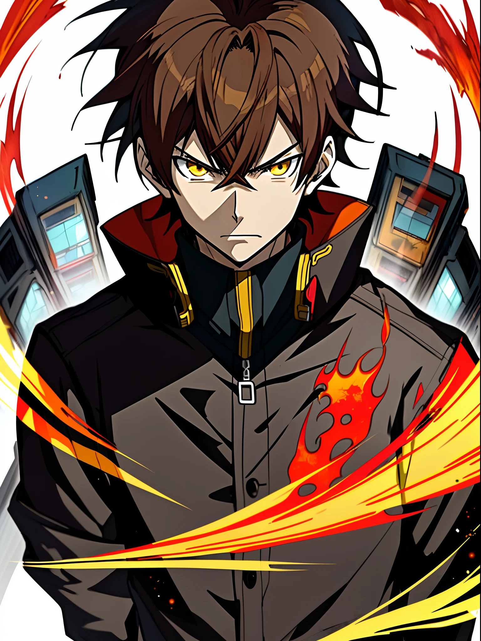 Anime characters with brown hair in black shirt,Red jacket and yellow flame, Badass anime 8 K, Key anime art, shigenori soejima illustration, hajime yatate, male anime character