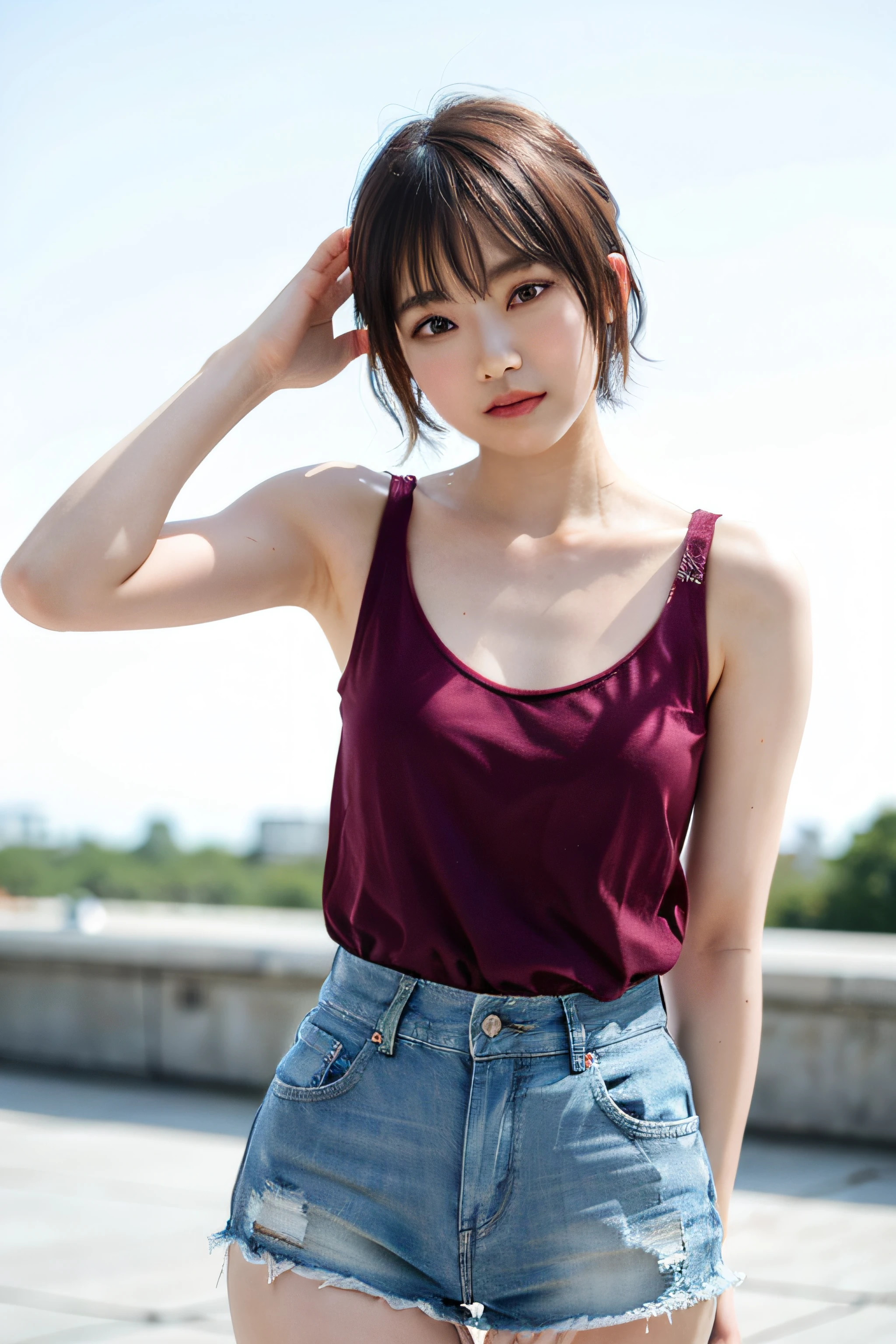 blond woman in a、shorth hair、Smaller chest、Short sleeve T-shirt in pink color、Wearing a navy sleeveless jacket over a t-shirt、Wearing blue jeans、Wearing a black belt、A bracelet