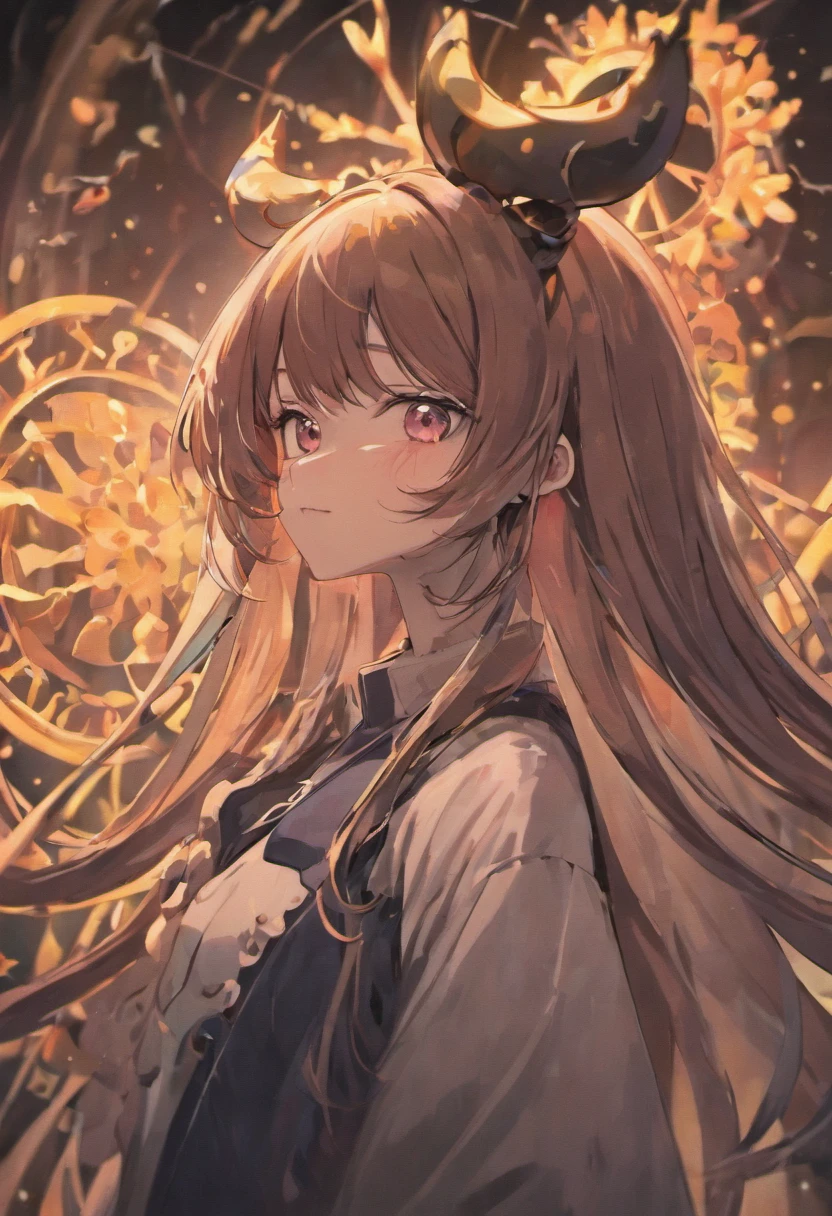 black hair, hair bobbles, longeyelashes, solid circle eyes, fake animal ears, light smile, ear blush, fang, long hair, gradient hair, pointy hair, antlers, anaglyph, tachi-e, pov, anime, chiaroscuro, 8k, super detail, ccurate, best quality