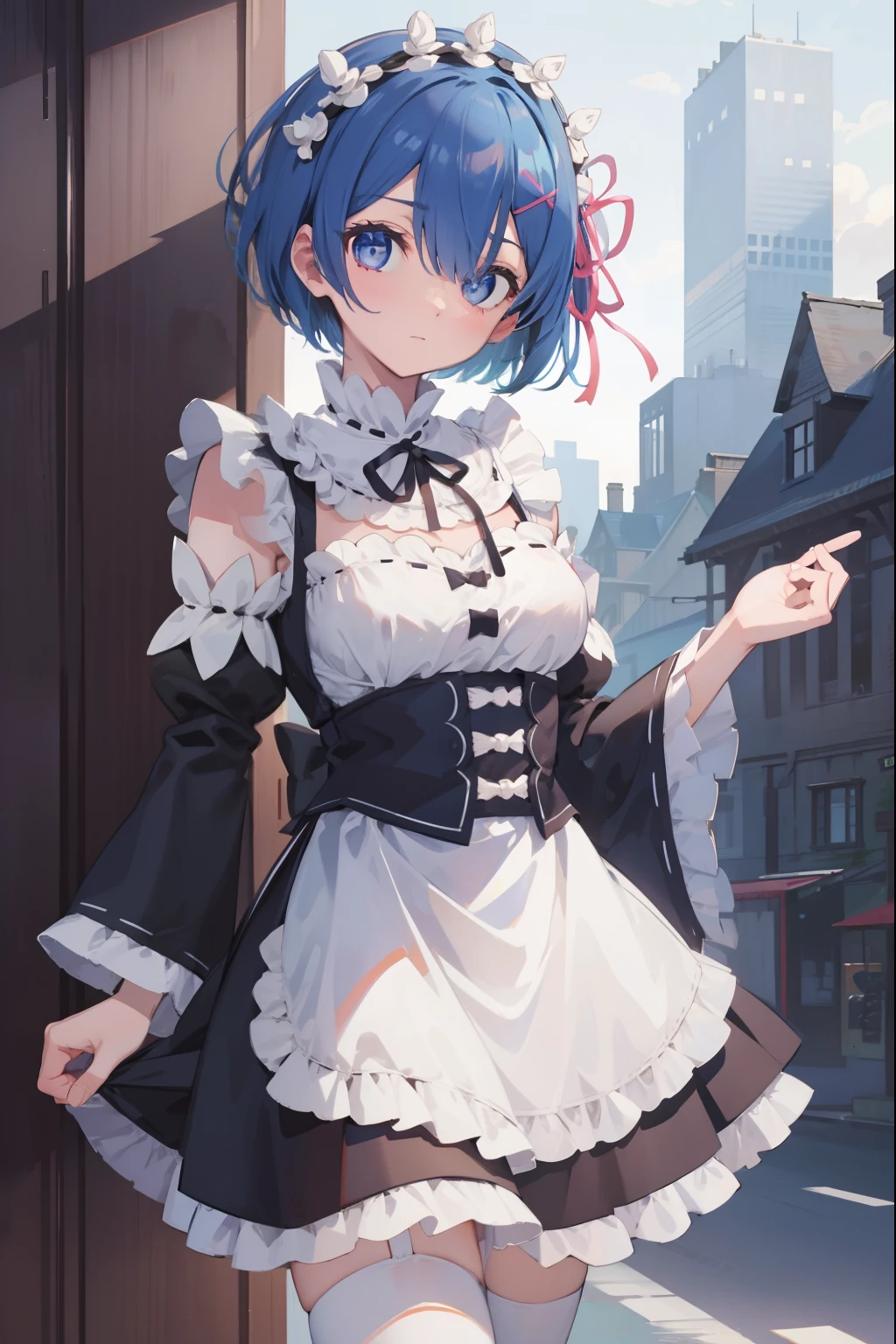 rezerorem, rem, blue eyes, blue hair, hair ornament, hair over one eye, hair ribbon, short hair, x hair ornament,
BREAK apron, black ribbon, black skirt, black sleeves, detached collar, detached sleeves, flower, frilled apron, frilled skirt, frills, head wreath, long sleeves, maid, miniskirt, neck ribbon, purple ribbon, ribbon, ribbon trim, ribbon-trimmed sleeves, roswaal mansion maid uniform, short hair, skirt, thighhighs, waist apron, white apron, white thighhighs,
BREAK outdoors, city,
BREAK looking at viewer,
BREAK (masterpiece:1.2), best quality, high resolution, unity 8k wallpaper, (illustration:0.8), (beautiful detailed eyes:1.6), extremely detailed face, perfect lighting, extremely detailed CG, (perfect hands, perfect anatomy),