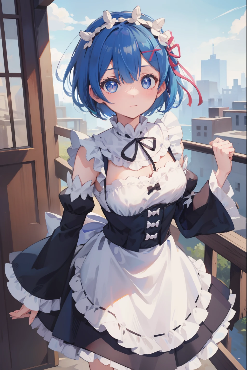 masterpiece, best quality, ultra-detailed, illustration, epic lighting, cinematic composition, colorful, sharp:1.3, 1girl, rem_\(re:zero\), medium breasts, blue hair, short hair, (hair over one eye:1.3), eyes_visible_through_hair, blue eyes, roswaal_mansion_maid_uniform, apron, white thighhighs, garter straps, standing, upper body, (extremely detailed CG:1.2), (8k:1.1)