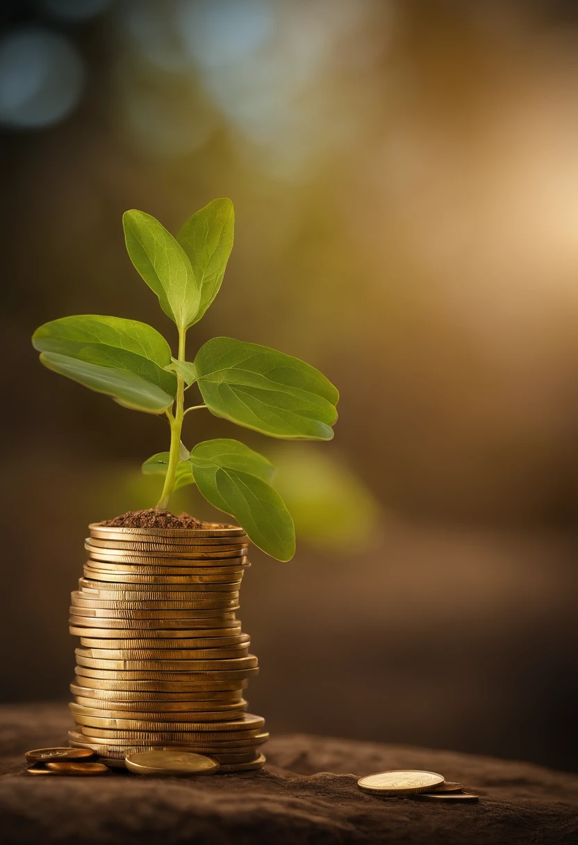 Uma fileira de moedas, cores bronze, prata e ouro, com uma planta crescendo nelas, imagem impressionante, Artistic photo, com pilhas de moedas ao seu redor, foto tirada, the source of future growth Beautiful image