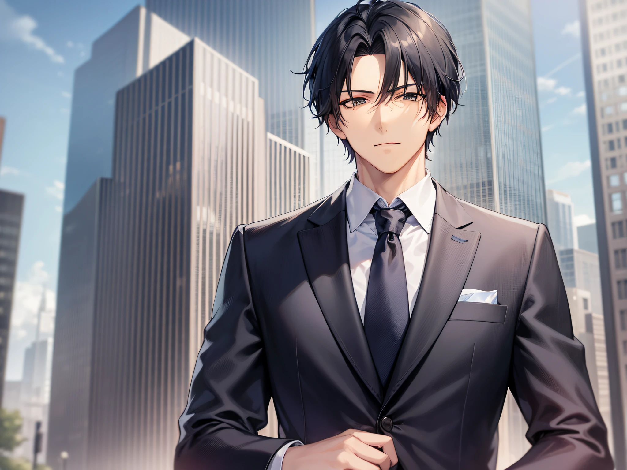 tmasterpiece，best qualtiy，1 male，AS-Adult，Handsome，With short black hair，The shirt，A man in a suit and tie stands in front of the city, Wearing a strict business suit, anime handsome guy,Wearing a strict business suit, Dark suit, Suit and tie handsome anime pose, Handsome stunning realistic,