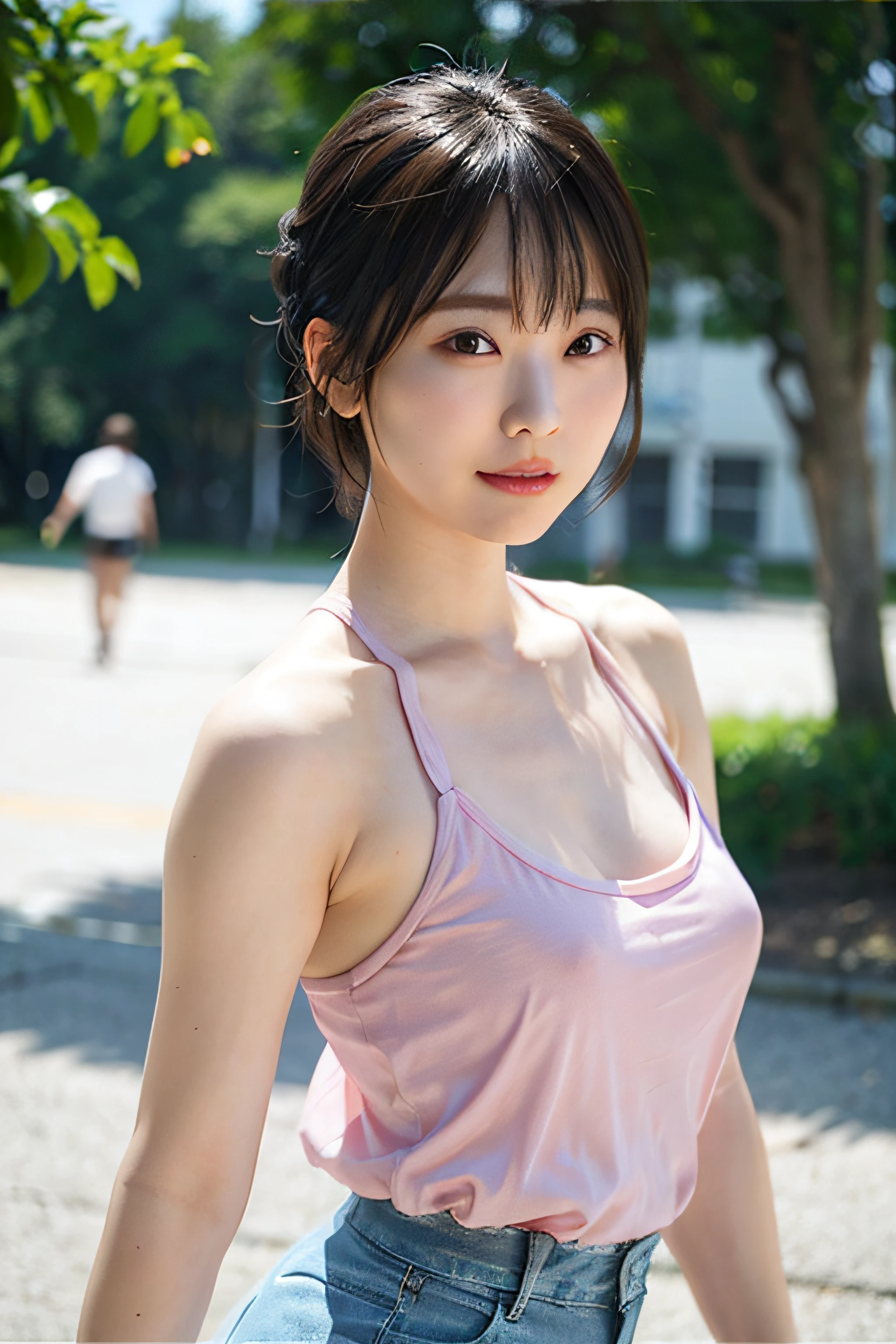 top-quality、女の子 1 人、large full breasts、with light glowing、blur backgroun、bokeh dof、Pink tank top、denim short pants、(short-hair、Forehead:1.2)、Beautiful sky with details、耳Nipple Ring、(dynamicposes:1.2)、 (The upper part of the body:0.8)、Soft lighting、the wind、glowy skin、Straight face、shores、early evening、back lighting、